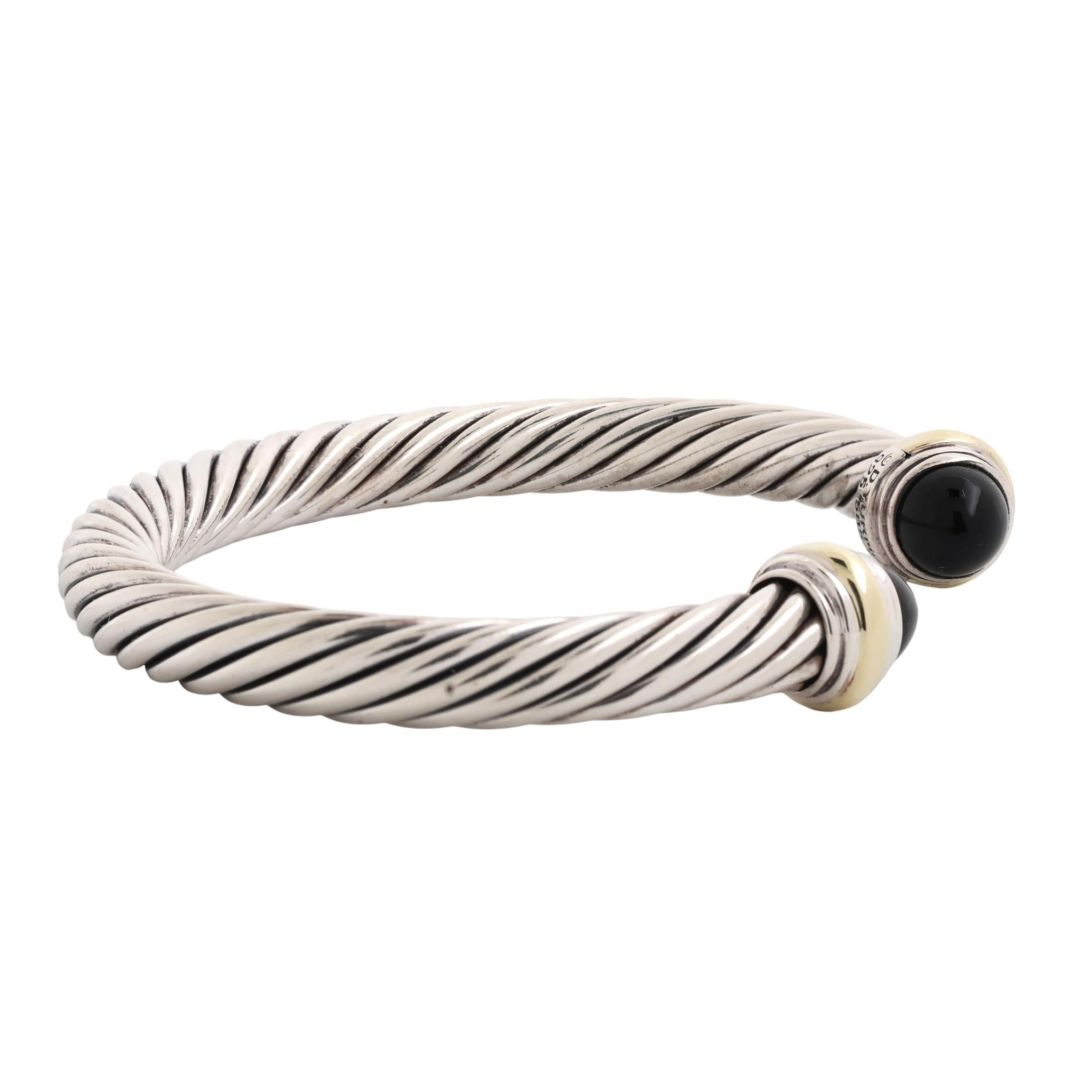 David Yurman Black Onyx Cable Bracelet Sterling Silver 14K Gold 7 mm 6.75"