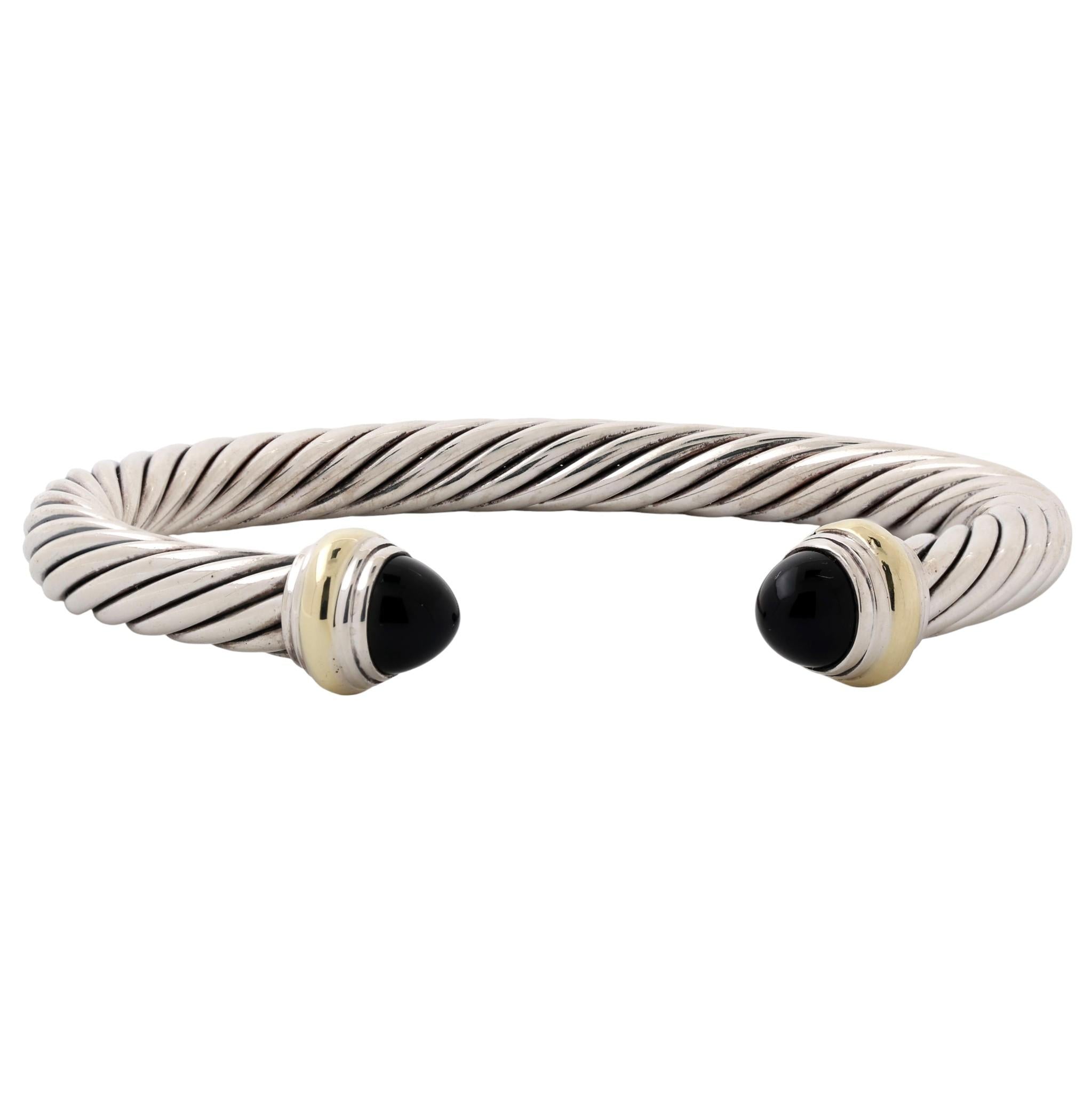 David Yurman Black Onyx Cable Bracelet Sterling Silver 14K Gold 7 mm 6.75"