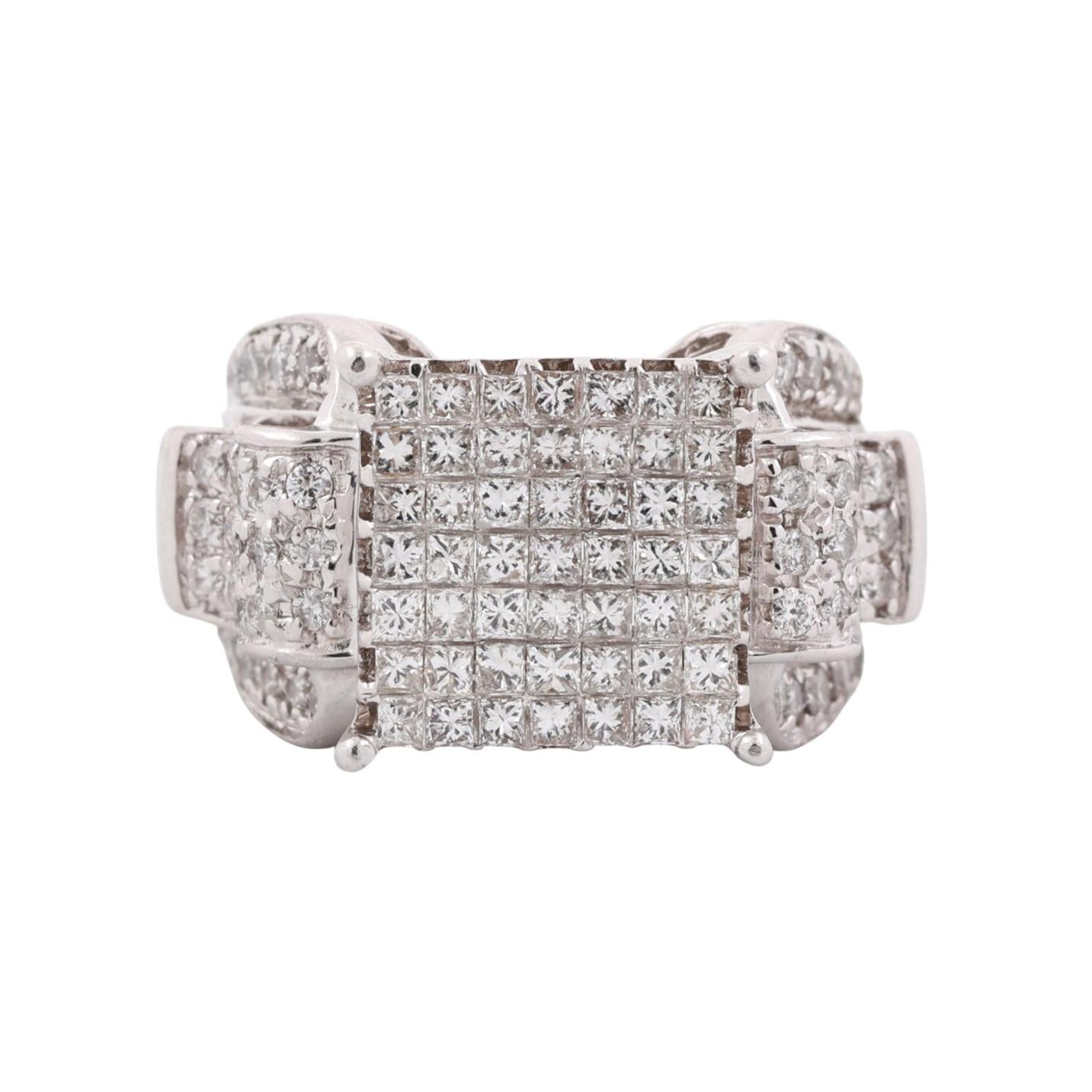 1.50 TW Princess Cut Cluster Diamond Ring 14K White Gold Round Accents Size 7