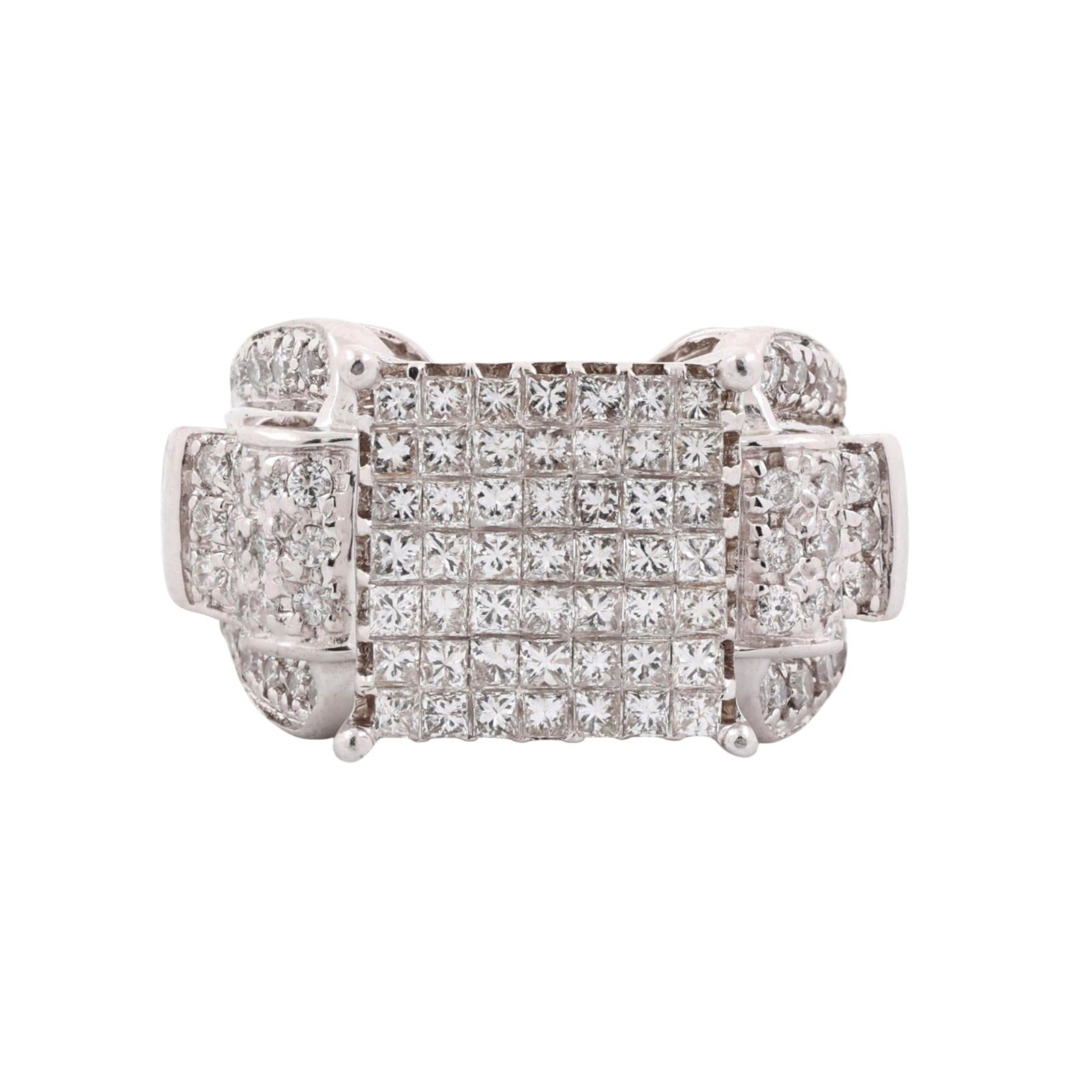 1.50 TW Princess Cut Cluster Diamond Ring 14K White Gold Round Accents Size 7