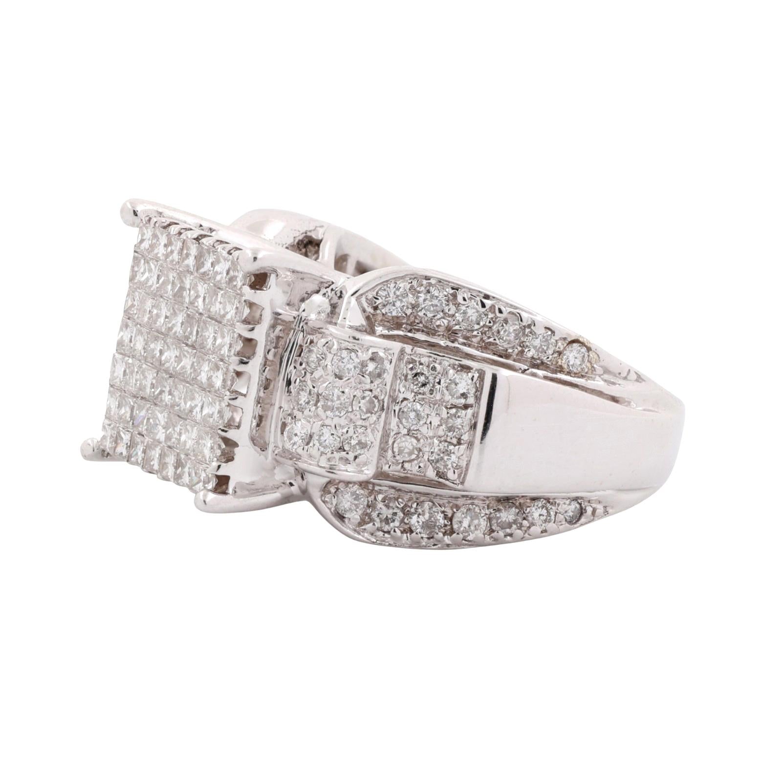 1.50 TW Princess Cut Cluster Diamond Ring 14K White Gold Round Accents Size 7