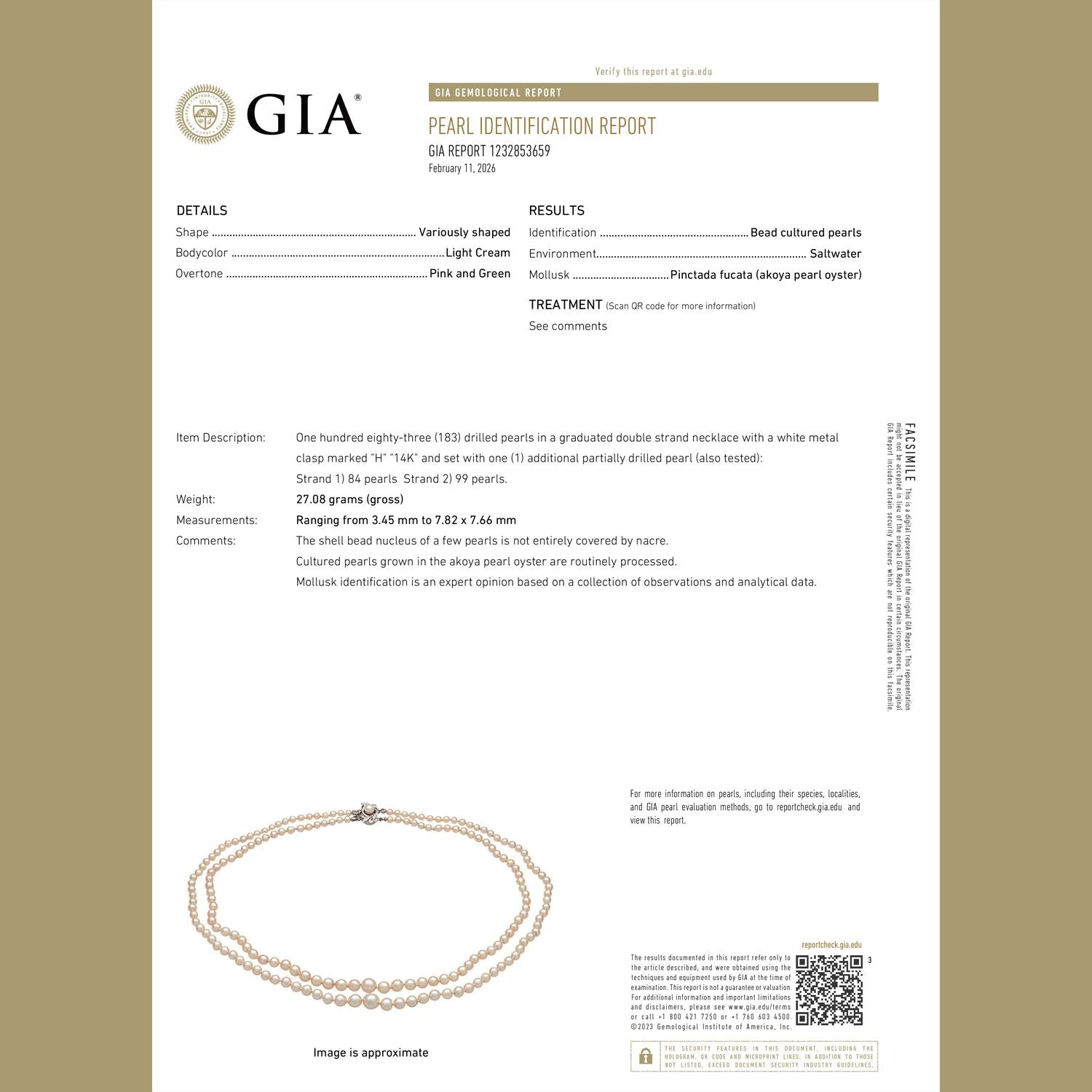 GIA Akoya Pearl Necklace Double Strand 18" 14K White Gold Clasp Vintage Estate
