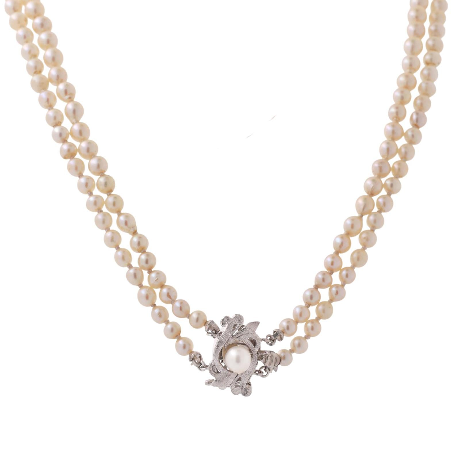 GIA Akoya Pearl Necklace Double Strand 18" 14K White Gold Clasp Vintage Estate