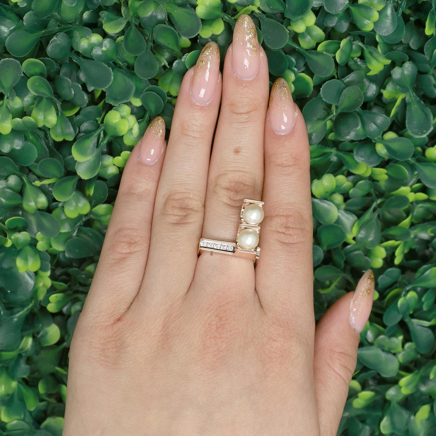 Trisko Geometric Akoya Pearl Diamond Statement Ring 14K Rose Gold SZ 7.25 Estate