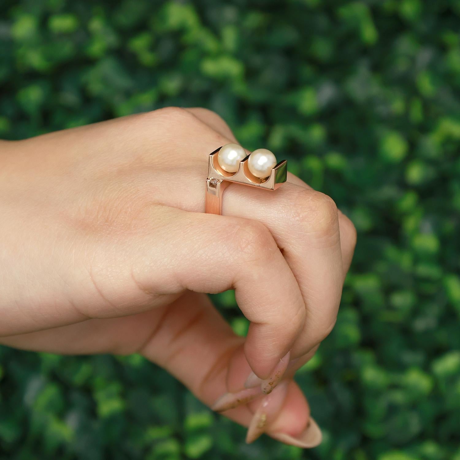 Trisko Geometric Akoya Pearl Diamond Statement Ring 14K Rose Gold SZ 7.25 Estate