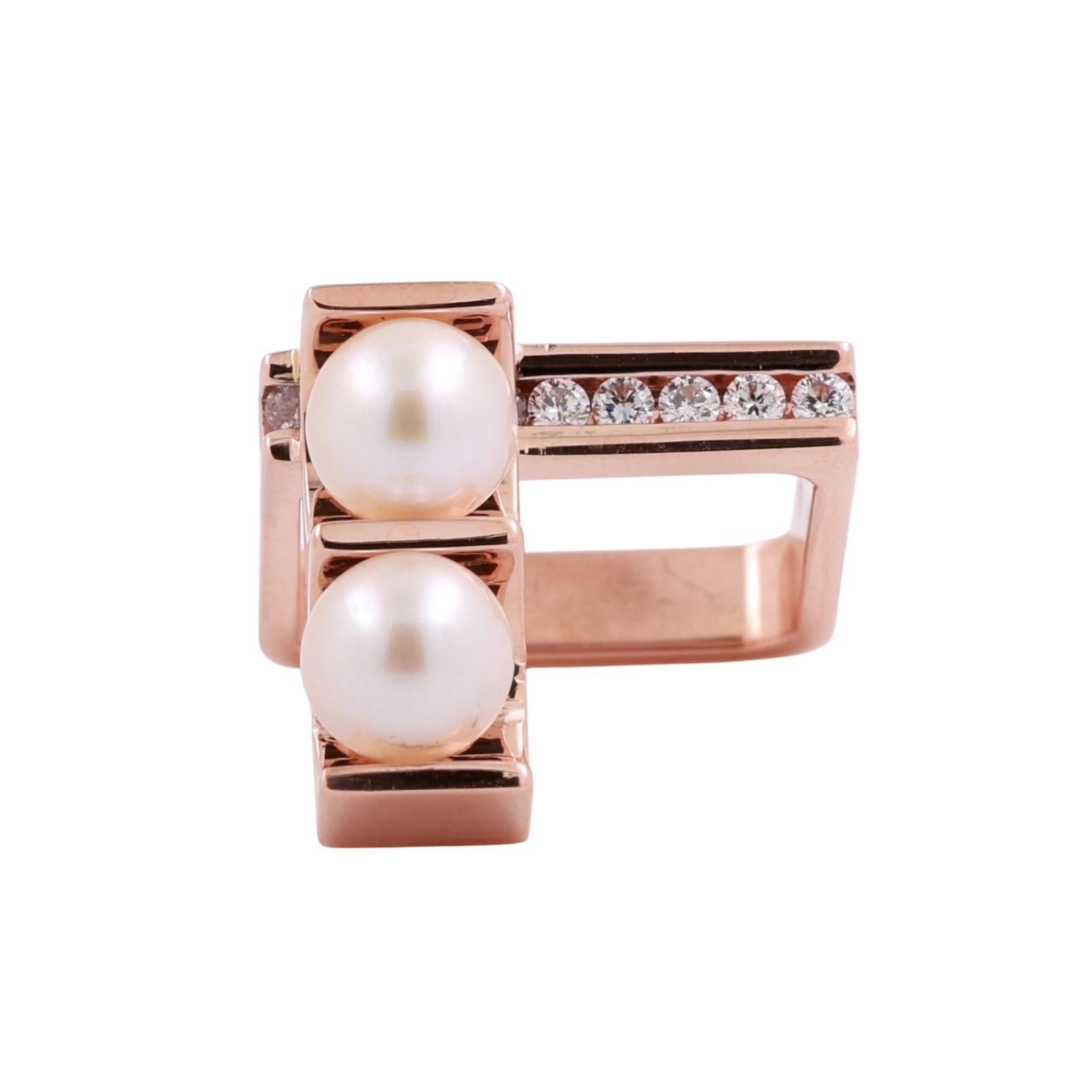 Trisko Geometric Akoya Pearl Diamond Statement Ring 14K Rose Gold SZ 7.25 Estate