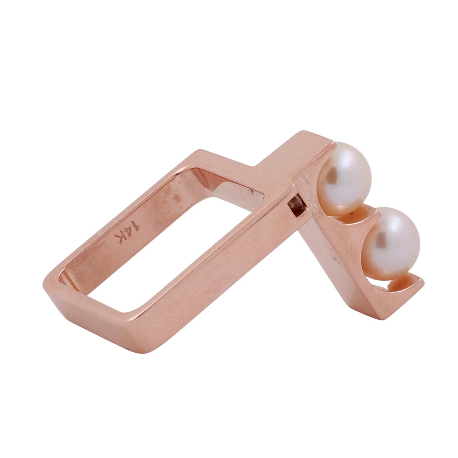 Trisko Geometric Akoya Pearl Diamond Statement Ring 14K Rose Gold SZ 7.25 Estate