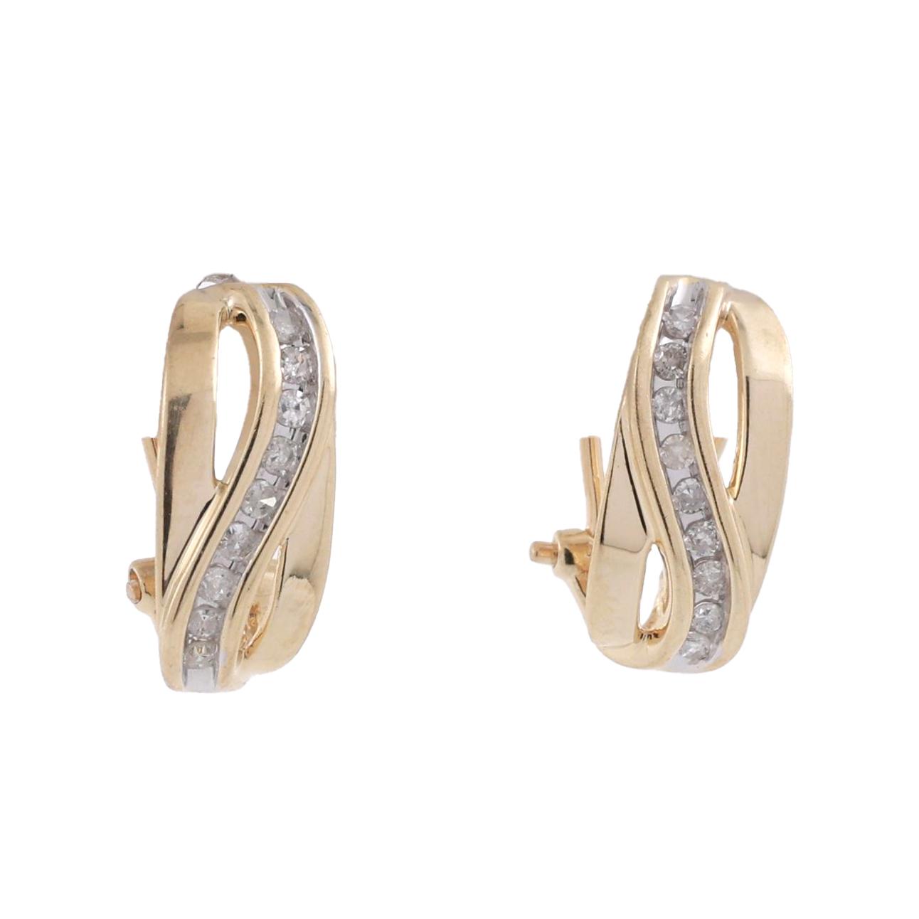 Diamond Swirl J Hoop Earrings 14K Gold 0.25 TW 0.55" Ladies Estate