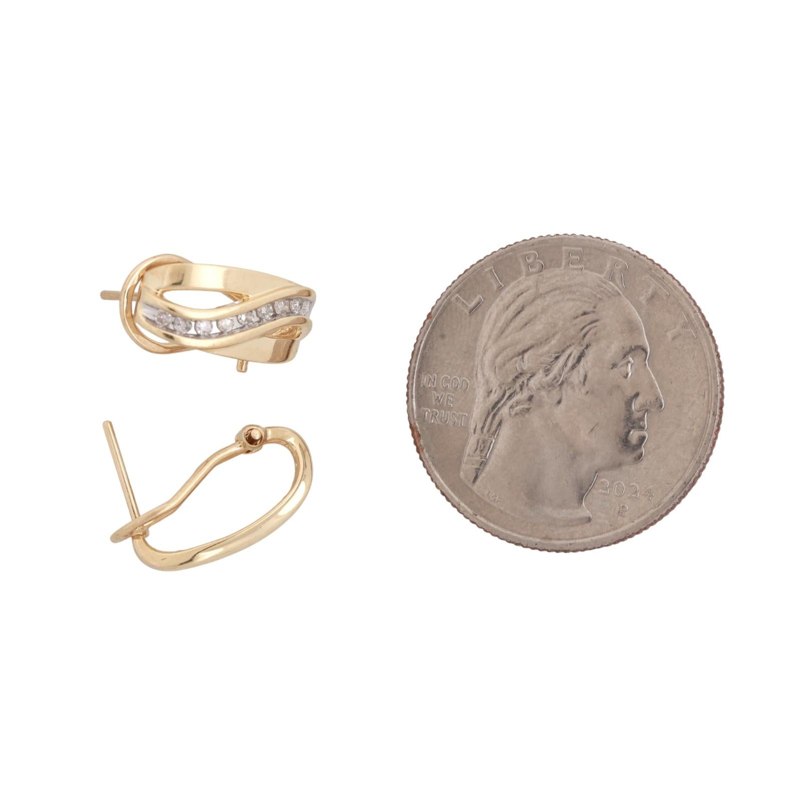 Diamond Swirl J Hoop Earrings 14K Gold 0.25 TW 0.55" Ladies Estate