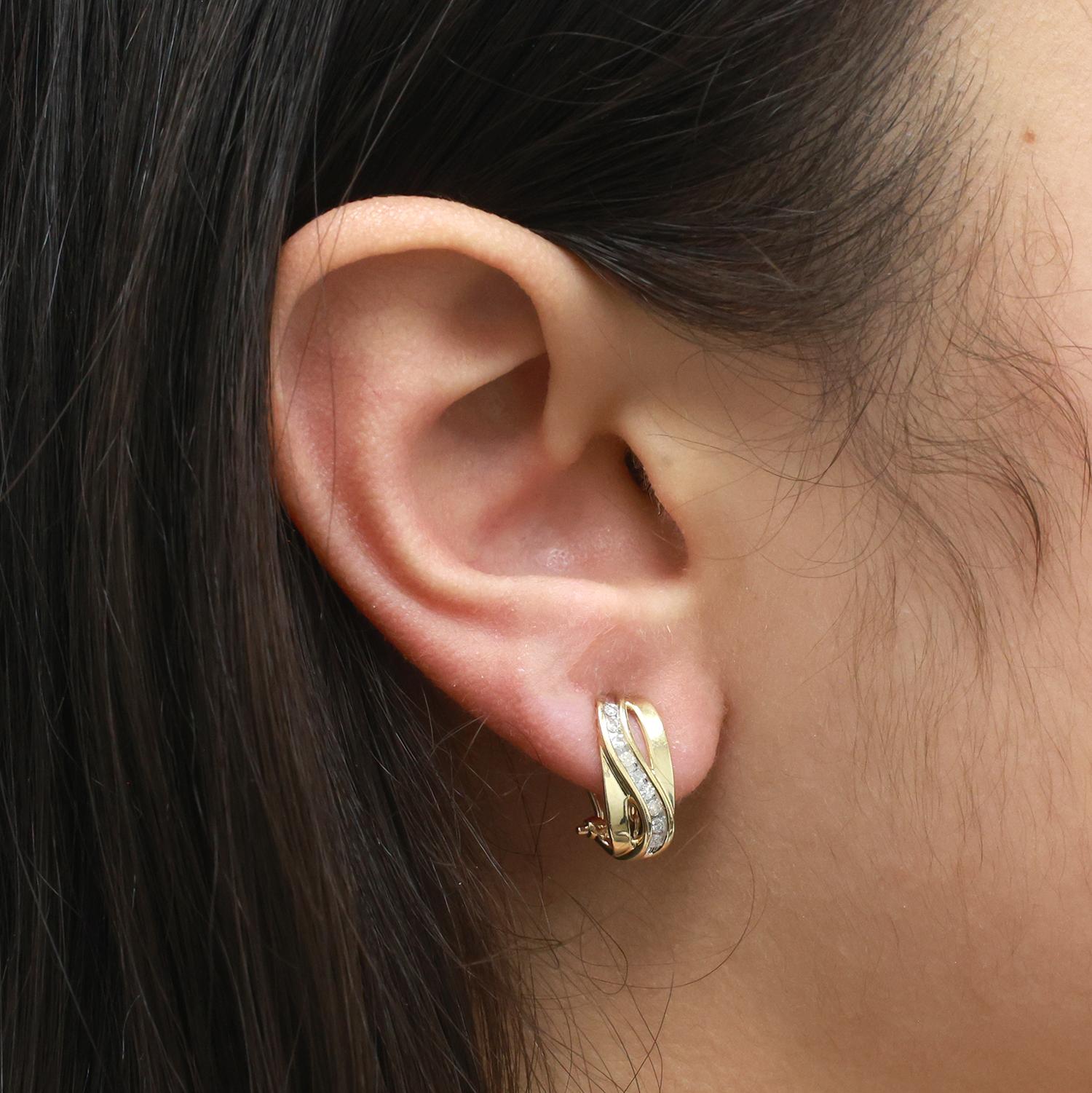 Diamond Swirl J Hoop Earrings 14K Gold 0.25 TW 0.55" Ladies Estate