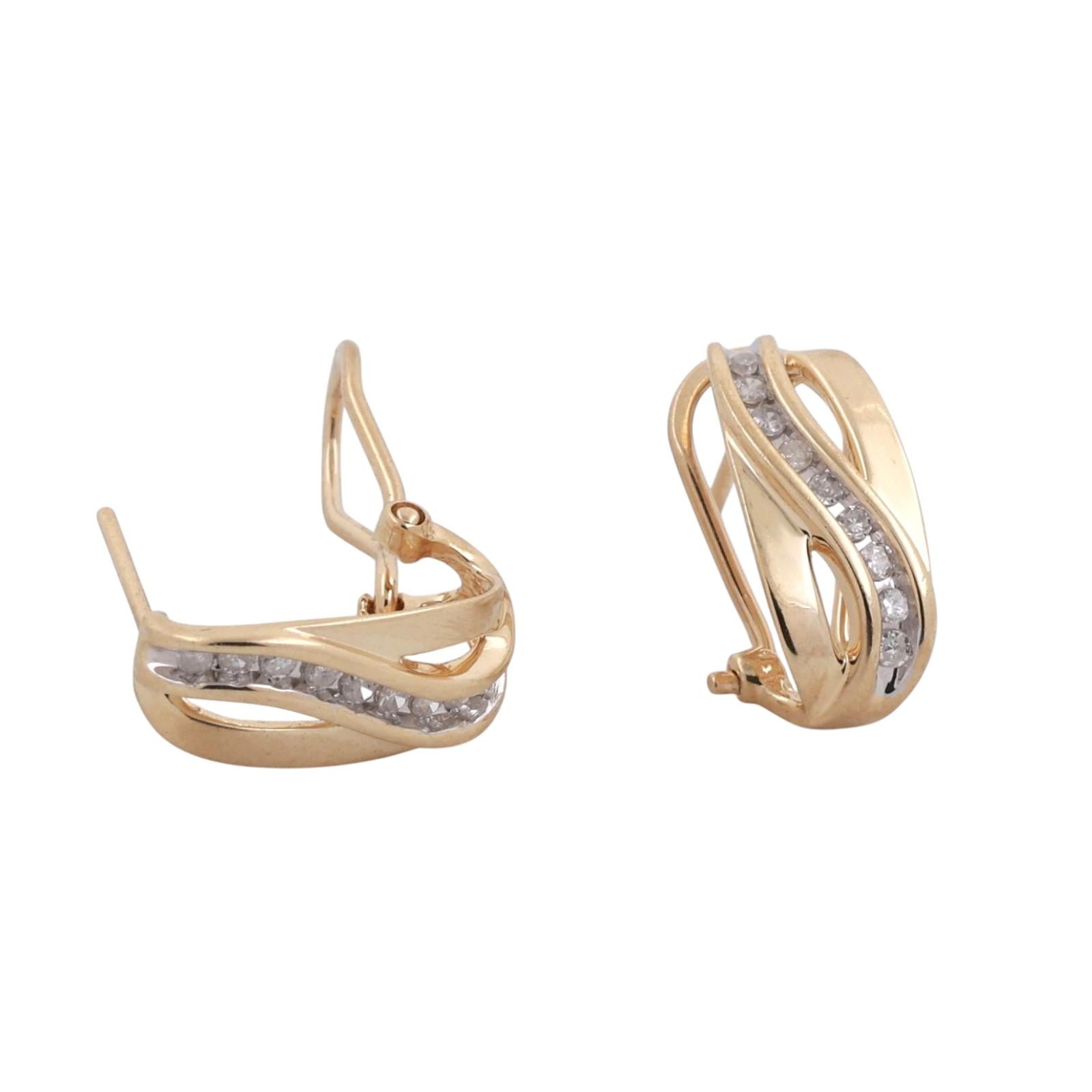 Diamond Swirl J Hoop Earrings 14K Gold 0.25 TW 0.55" Ladies Estate