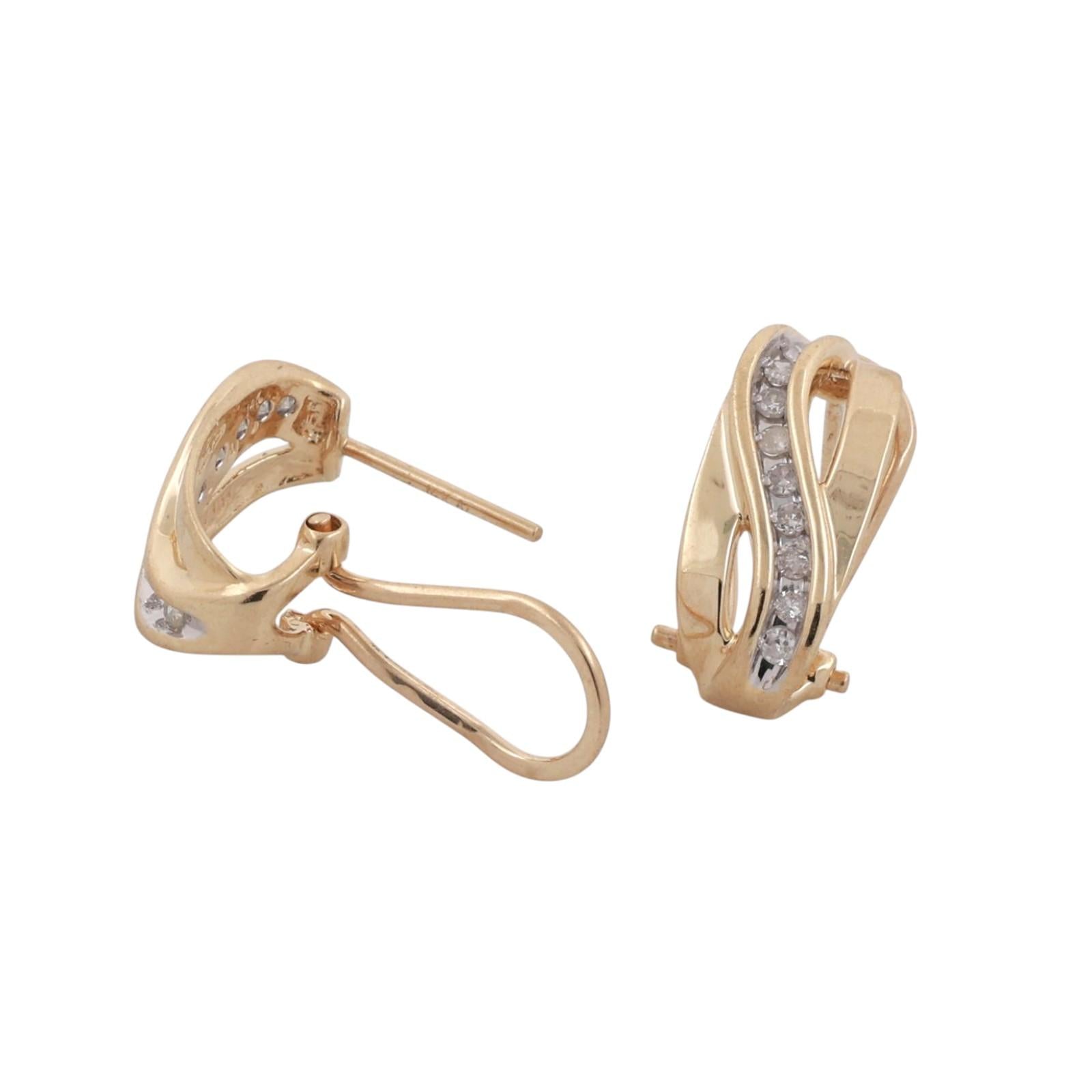 Diamond Swirl J Hoop Earrings 14K Gold 0.25 TW 0.55" Ladies Estate