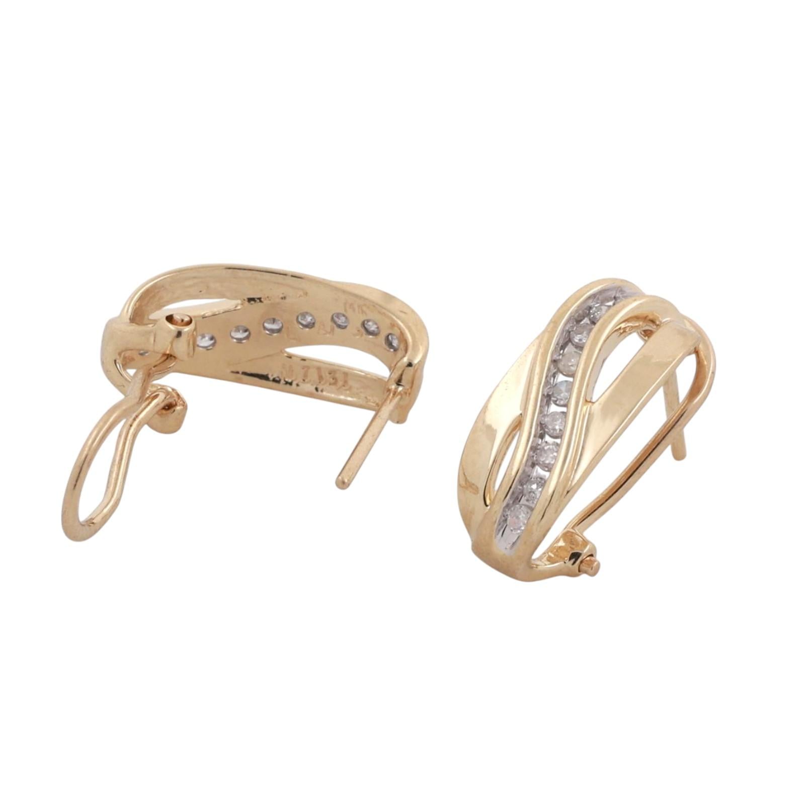 Diamond Swirl J Hoop Earrings 14K Gold 0.25 TW 0.55" Ladies Estate