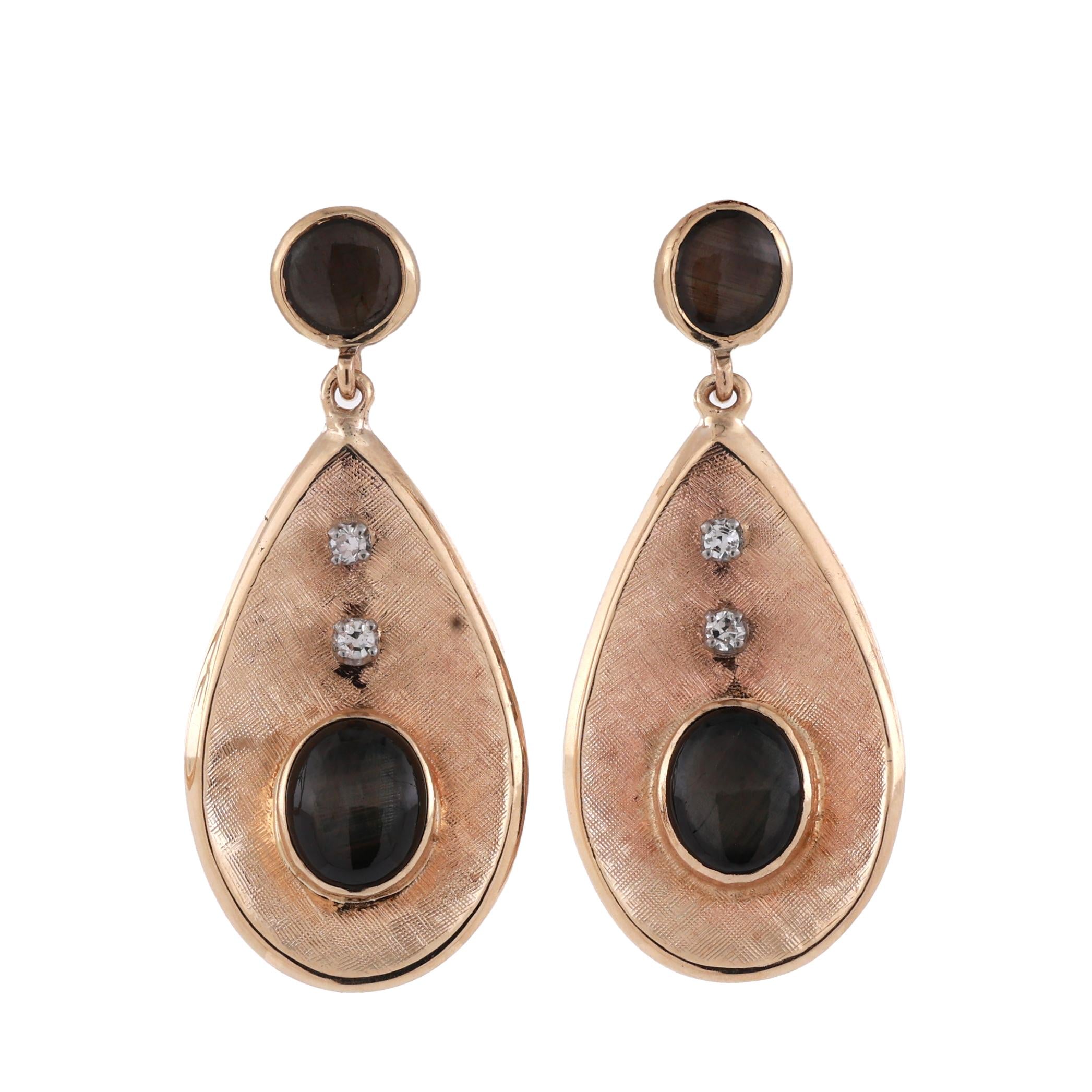 Star Black Sapphire Diamond Dangle Earrings Yellow Gold 5.78 CTW 1.33" Ladies