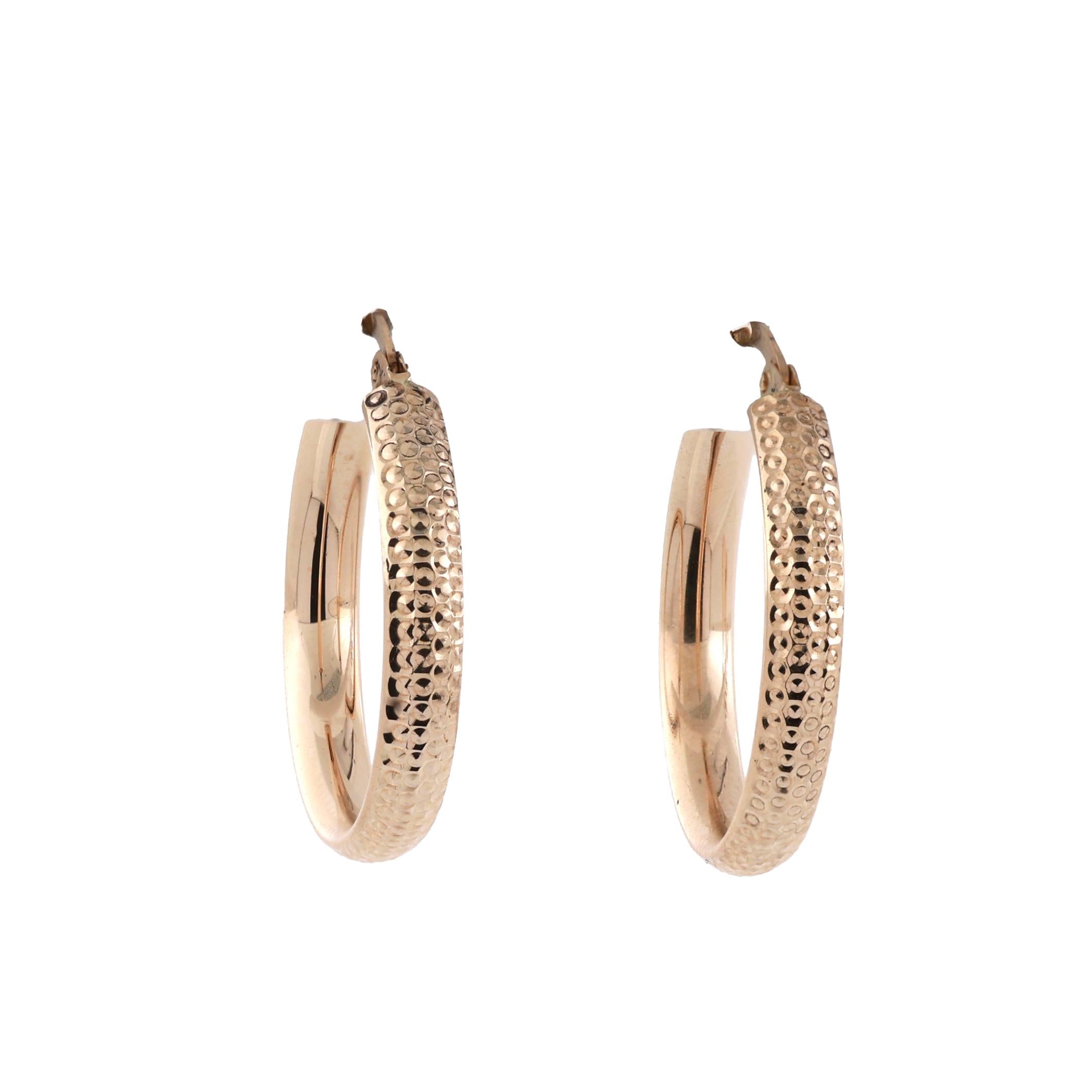 Round Hoop Earrings 14K Yellow Gold Etched Design 1" Estate