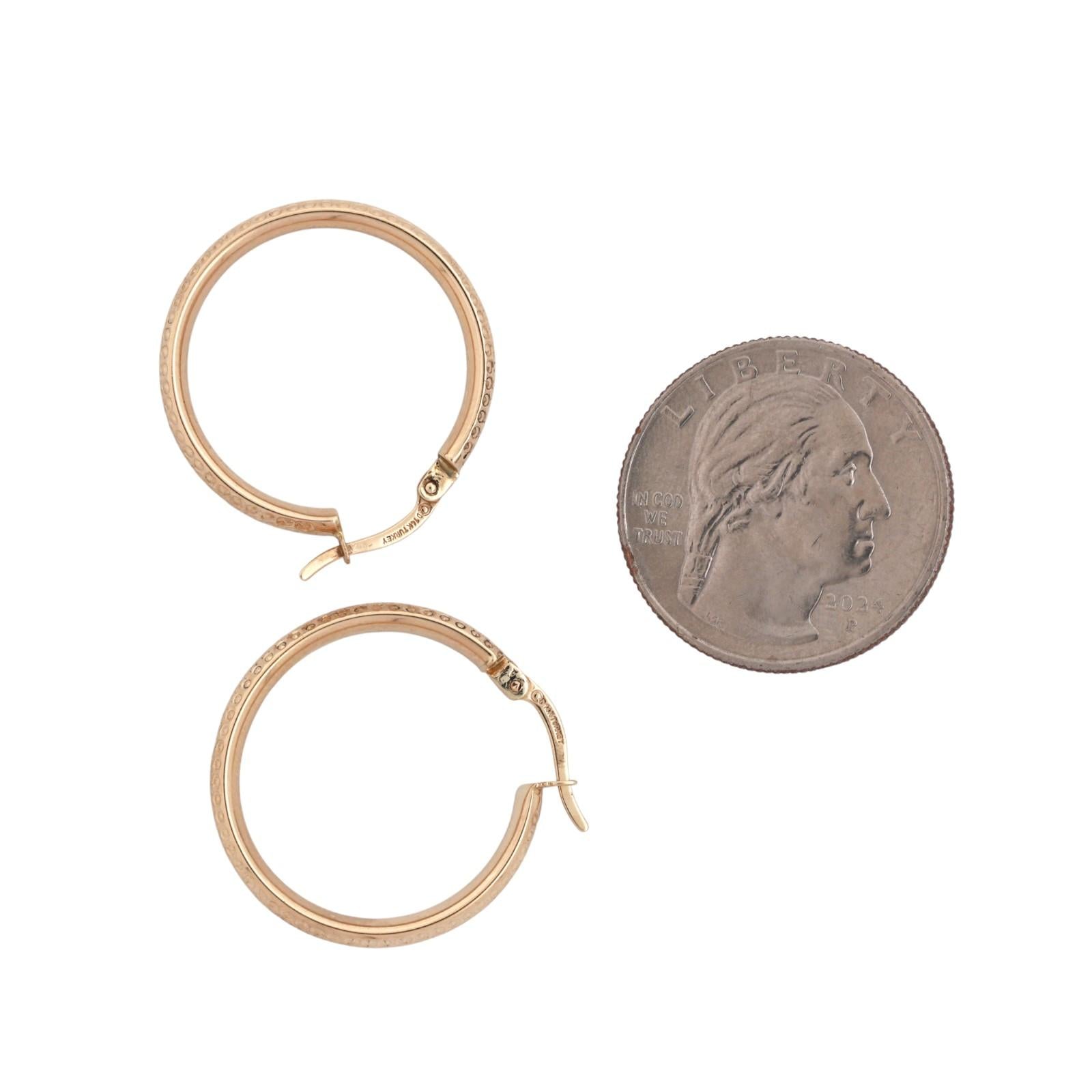 Round Hoop Earrings 14K Yellow Gold Etched Design 1" Estate