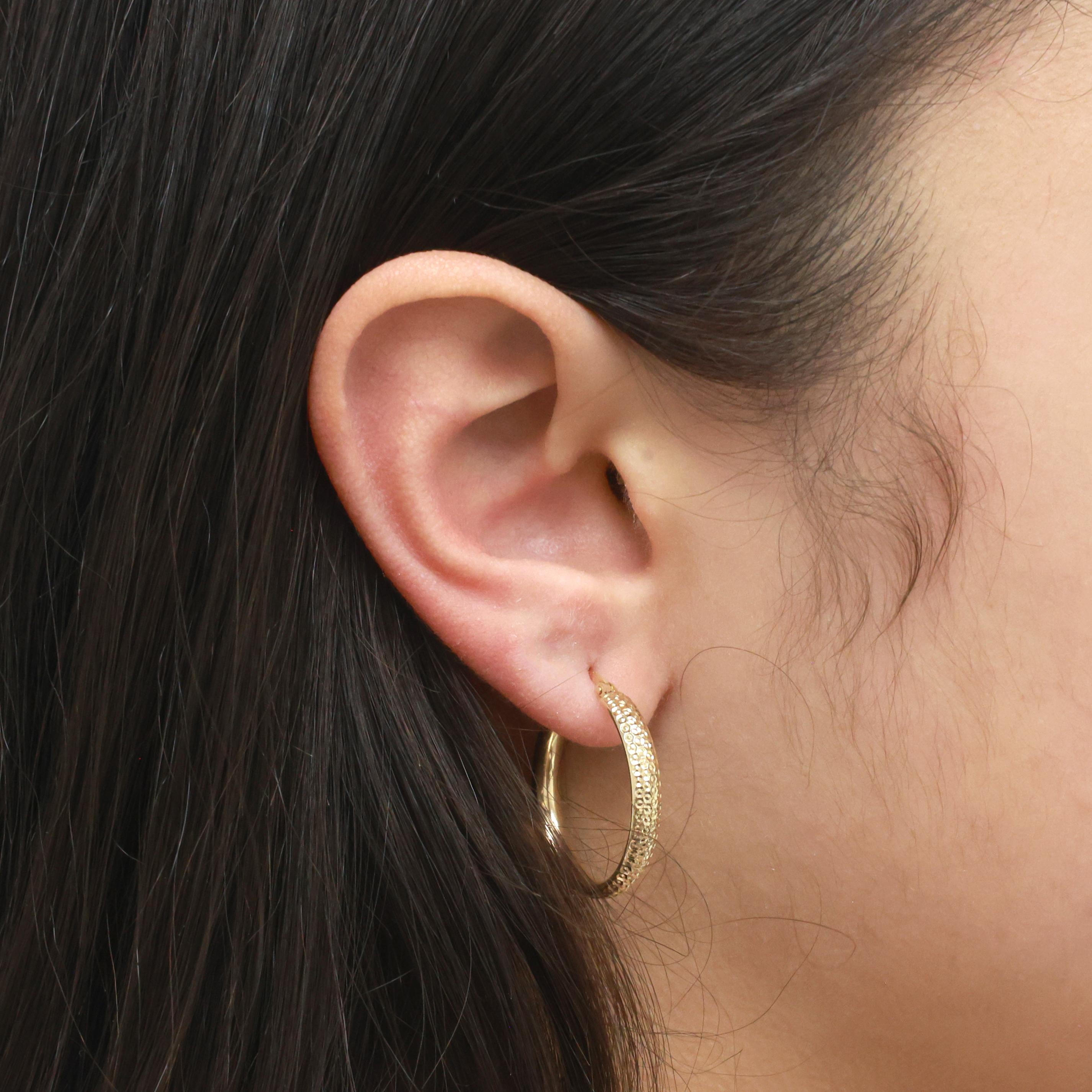 Round Hoop Earrings 14K Yellow Gold Etched Design 1" Estate