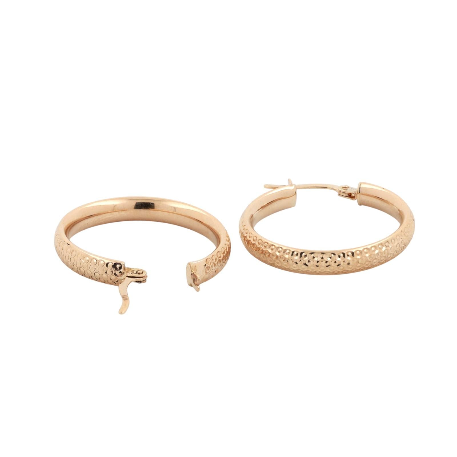 Round Hoop Earrings 14K Yellow Gold Etched Design 1" Estate