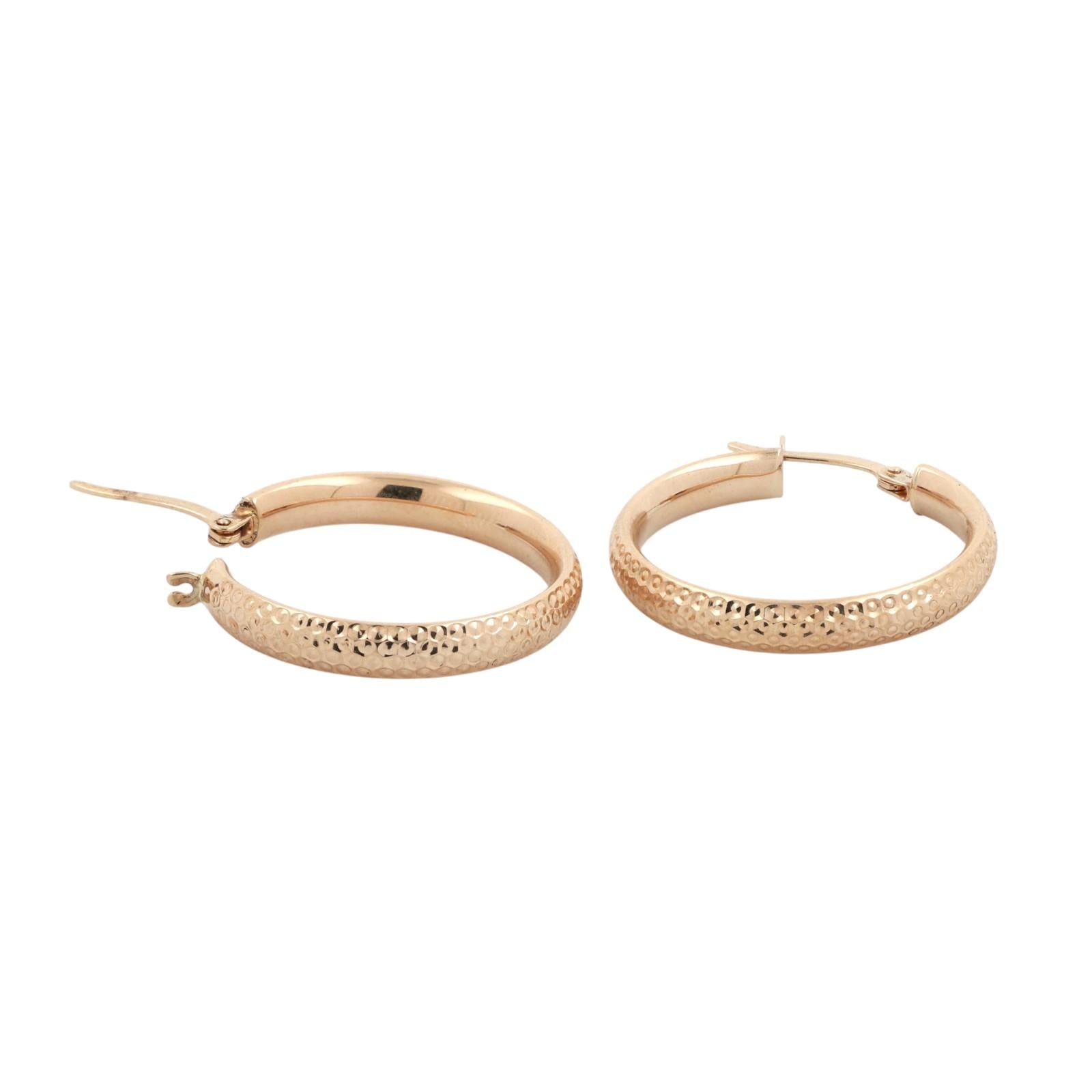 Round Hoop Earrings 14K Yellow Gold Etched Design 1" Estate