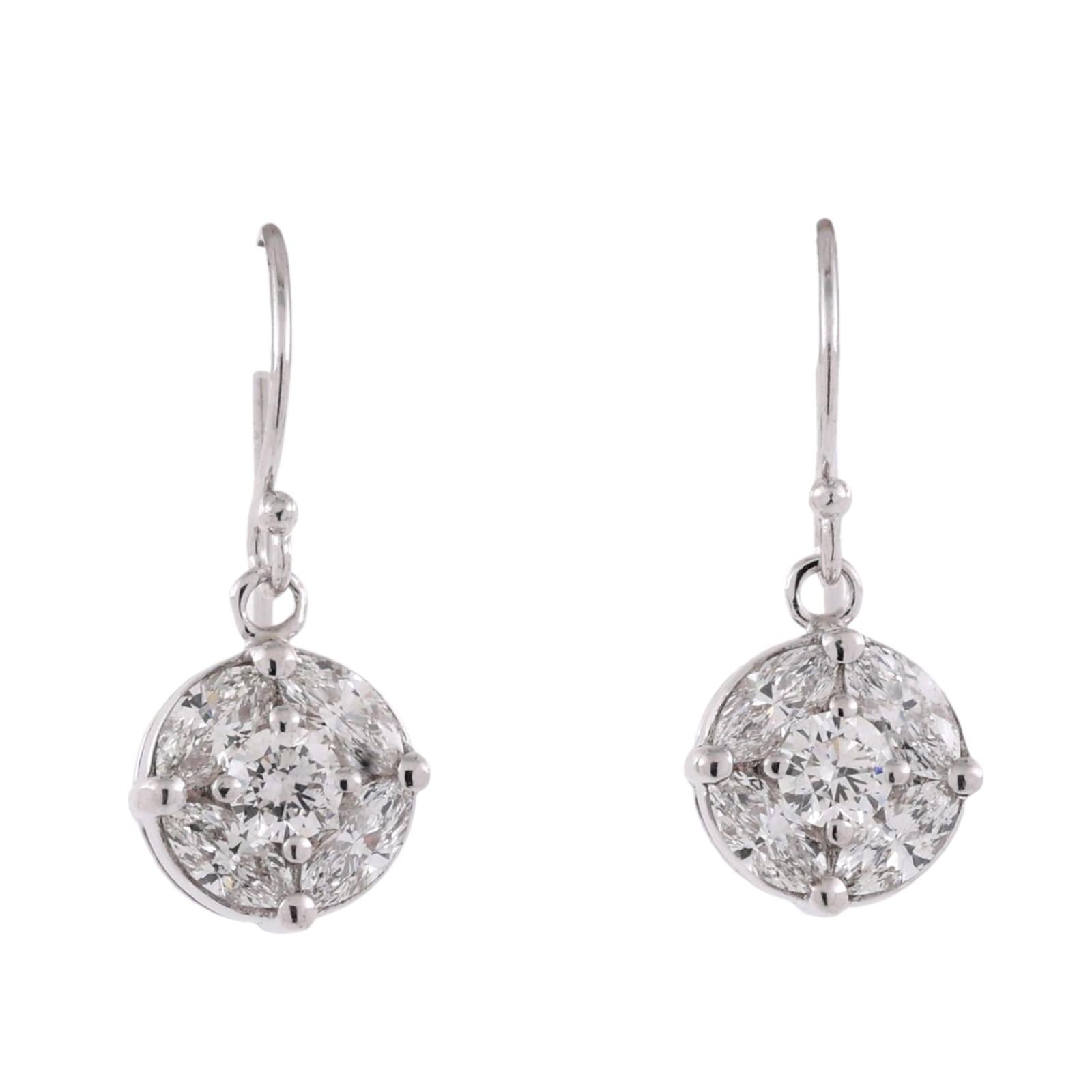 1.50 TW Cluster Diamond Drop Dangle Earrings White Gold  0.80" Ladies Estate