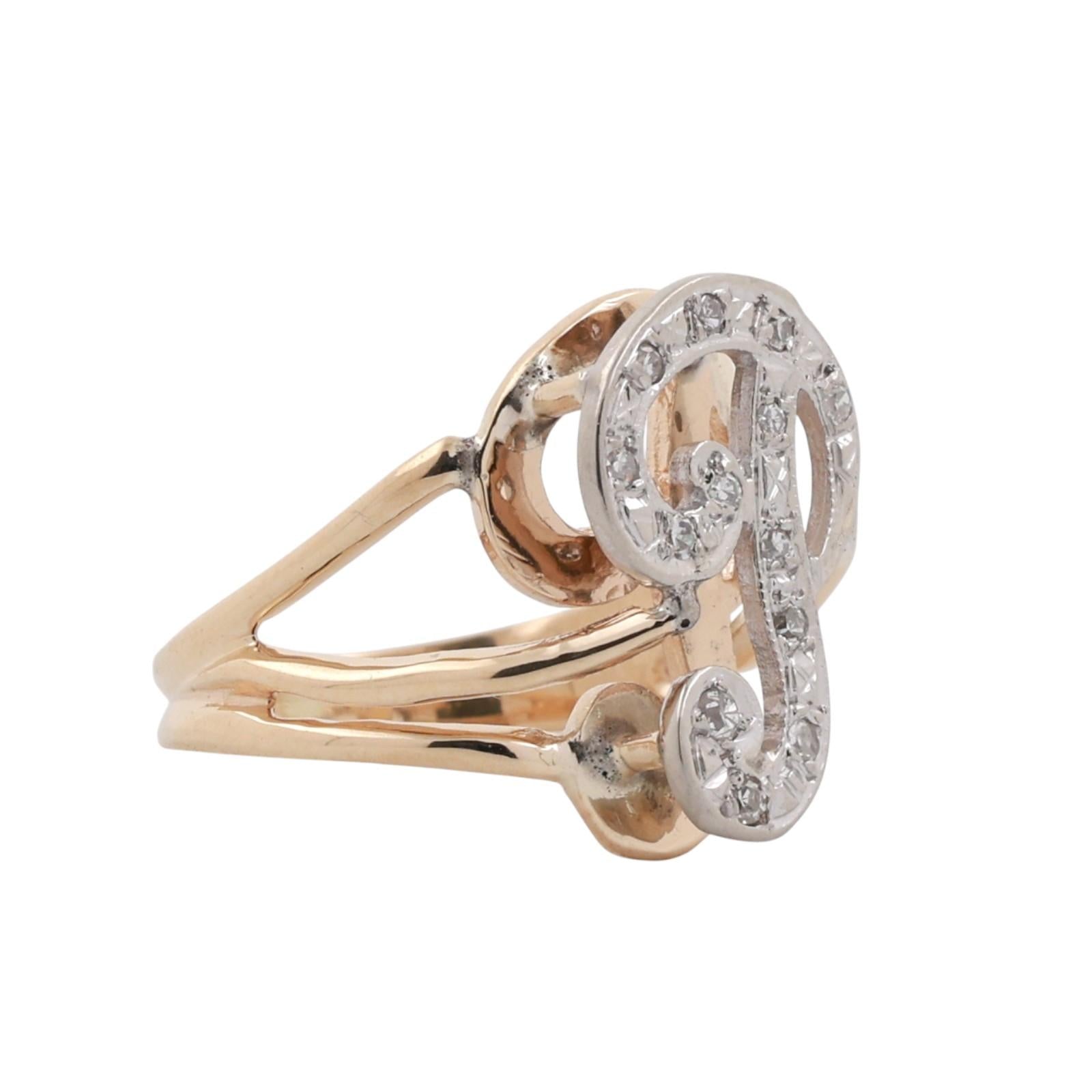 Fancy Letter P Diamond Statement Ring Two-Tone Gold 0.15 TW Size 4 Estate