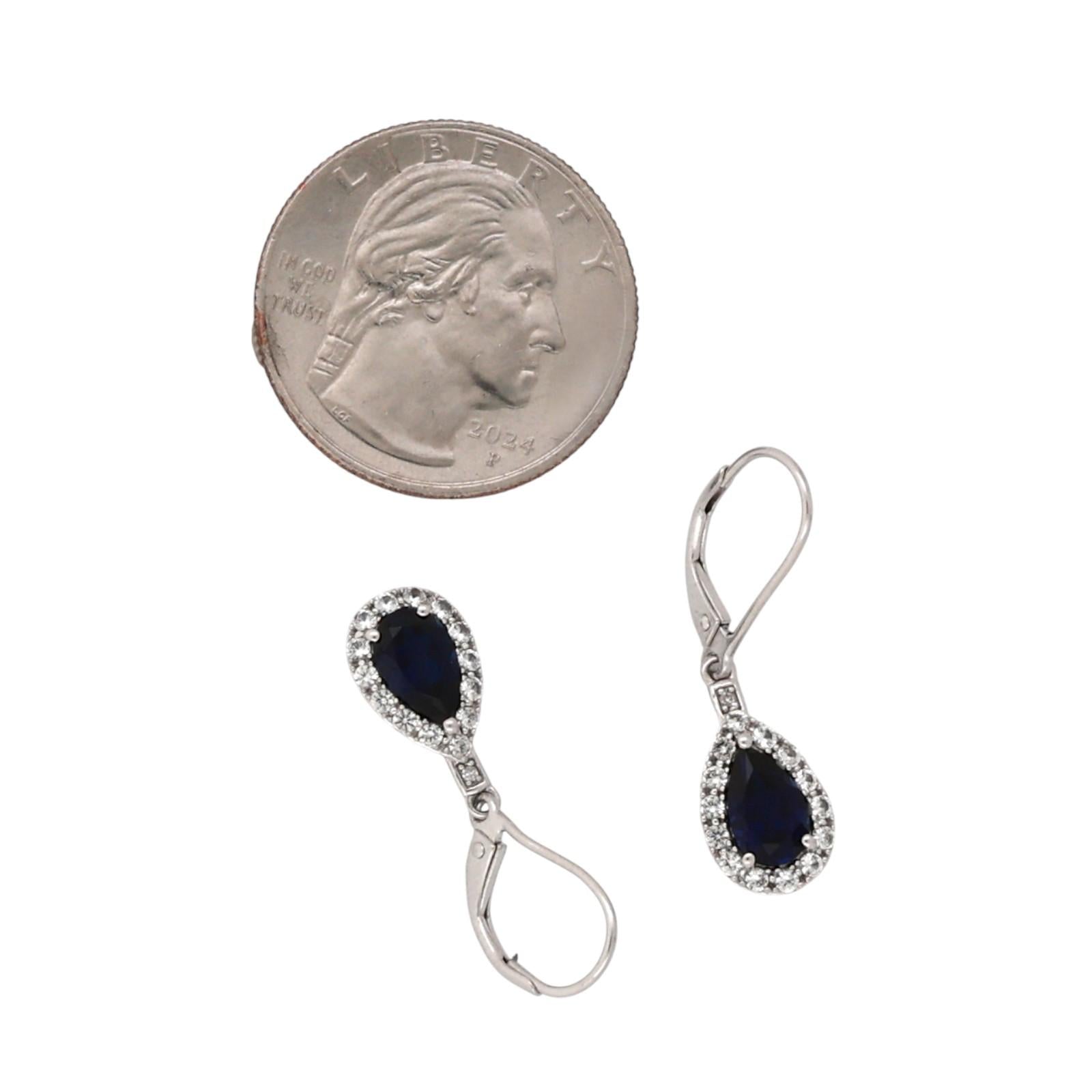 Blue and White Sapphire Teardrop Dangle Drop Earrings 10K White Gold 1.15"