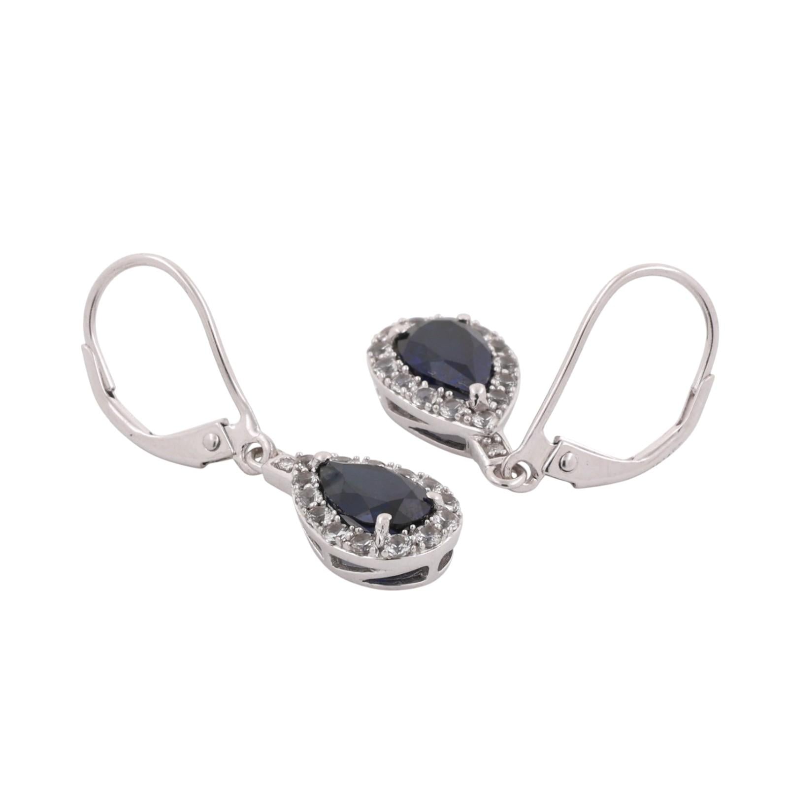 Blue and White Sapphire Teardrop Dangle Drop Earrings 10K White Gold 1.15"