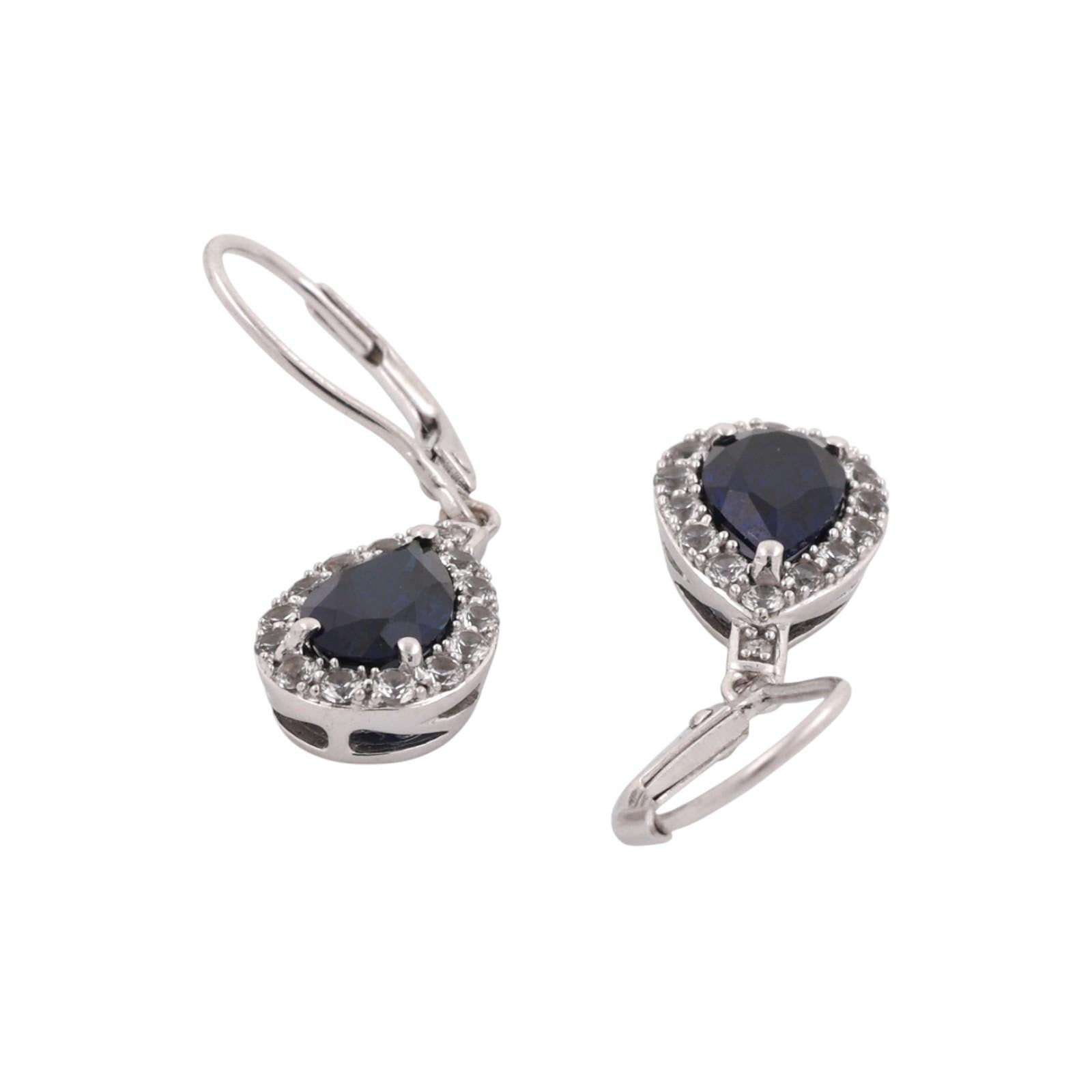 Blue and White Sapphire Teardrop Dangle Drop Earrings 10K White Gold 1.15"