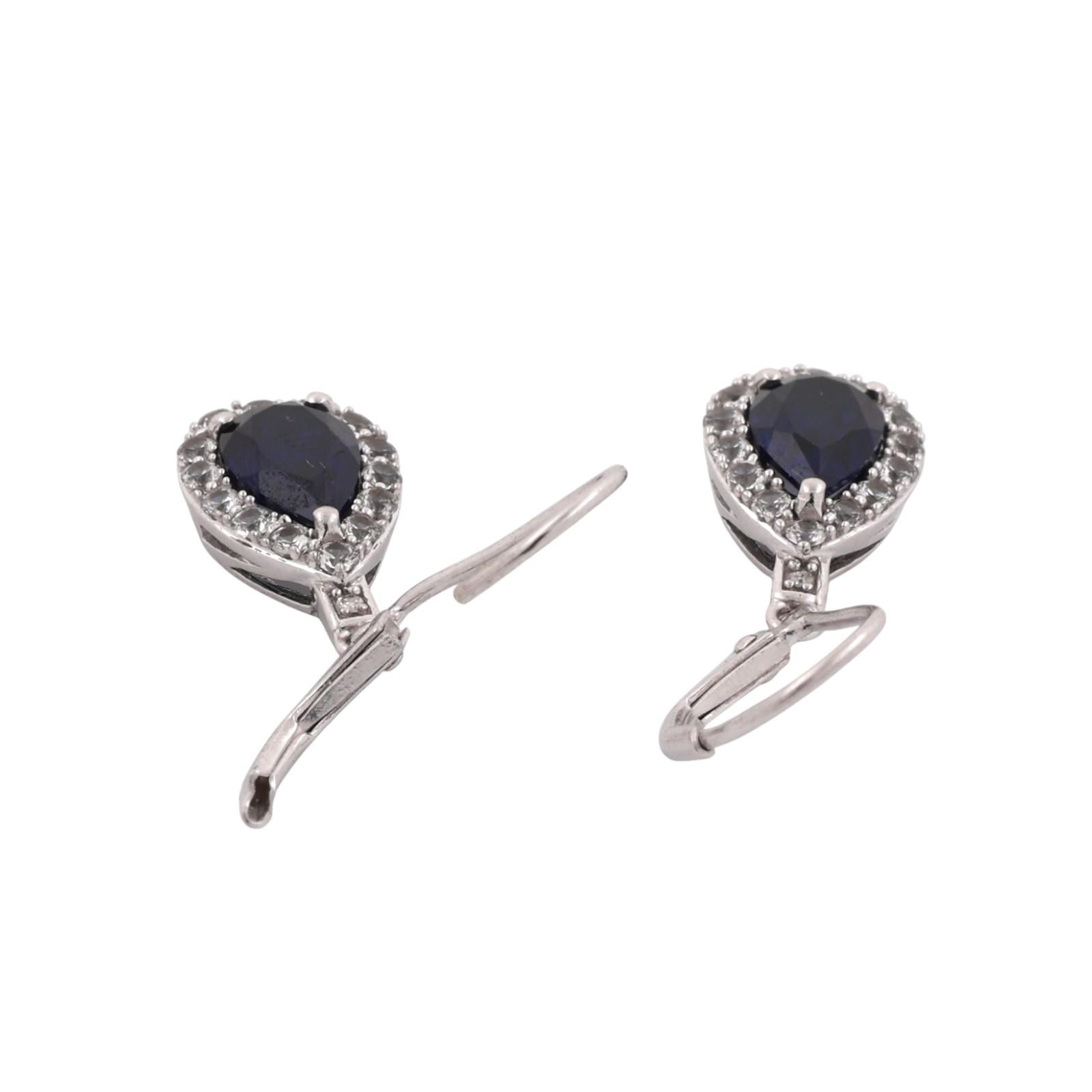 Blue and White Sapphire Teardrop Dangle Drop Earrings 10K White Gold 1.15"