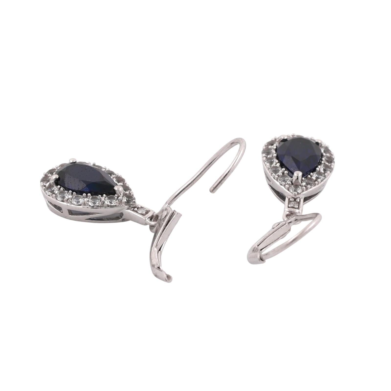 Blue and White Sapphire Teardrop Dangle Drop Earrings 10K White Gold 1.15"