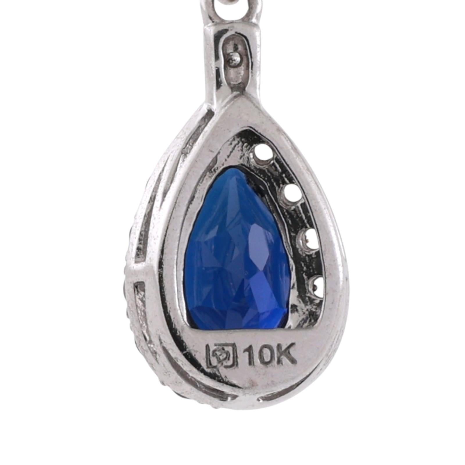 Blue and White Sapphire Teardrop Dangle Drop Earrings 10K White Gold 1.15"