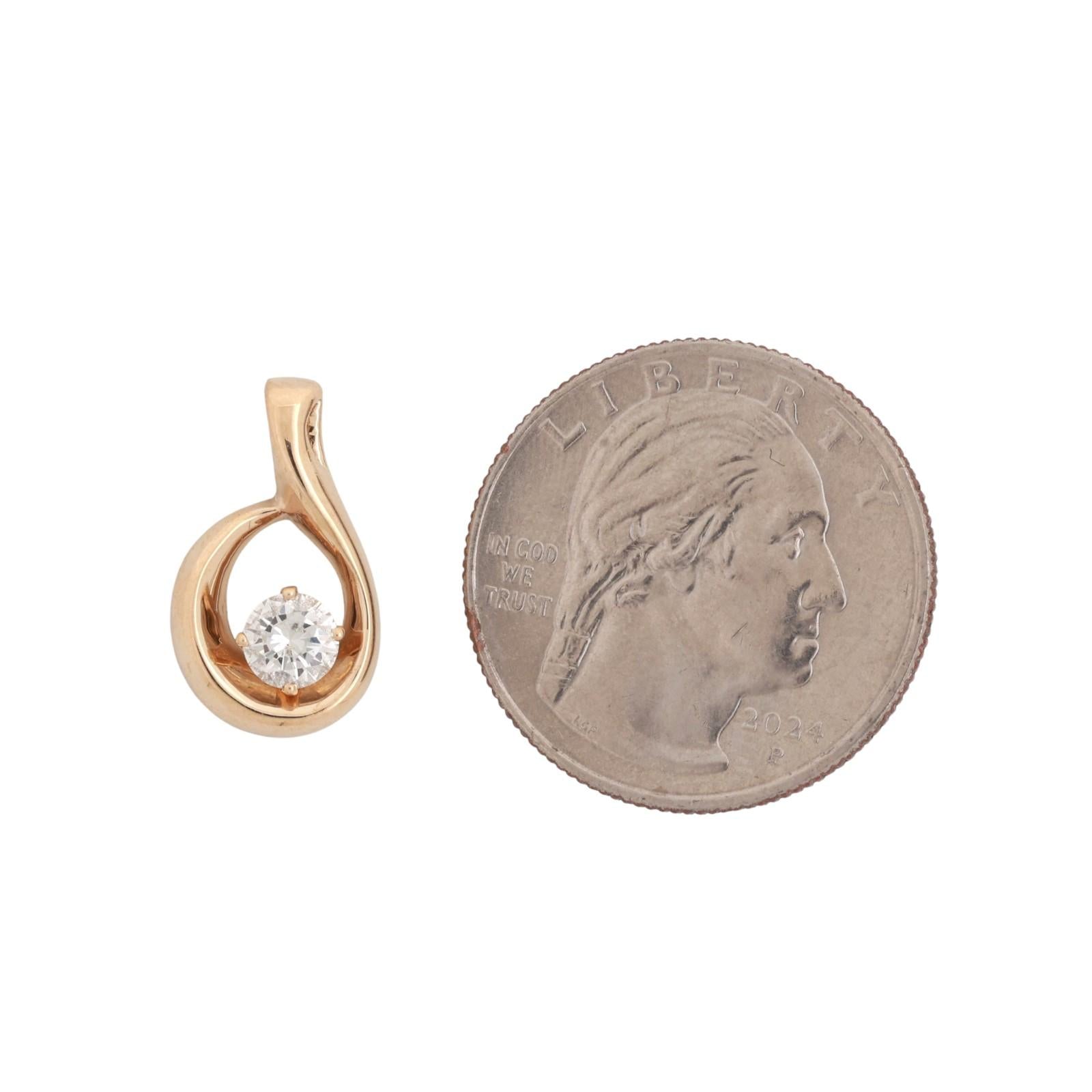 0.43 CT Round Solitaire Diamond Swirl Pendant 14K Yellow Gold 0.70" Estate