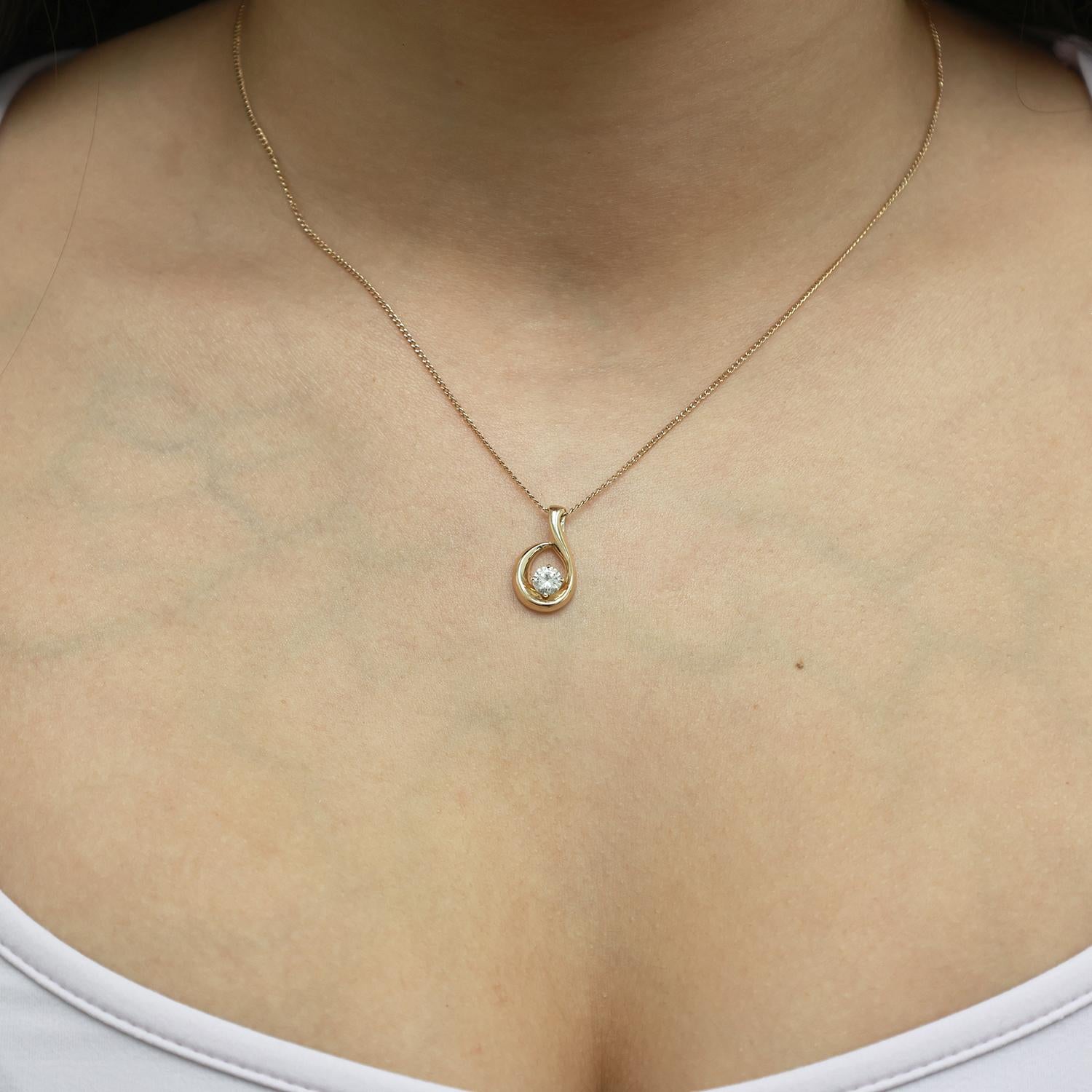 0.43 CT Round Solitaire Diamond Swirl Pendant 14K Yellow Gold 0.70" Estate