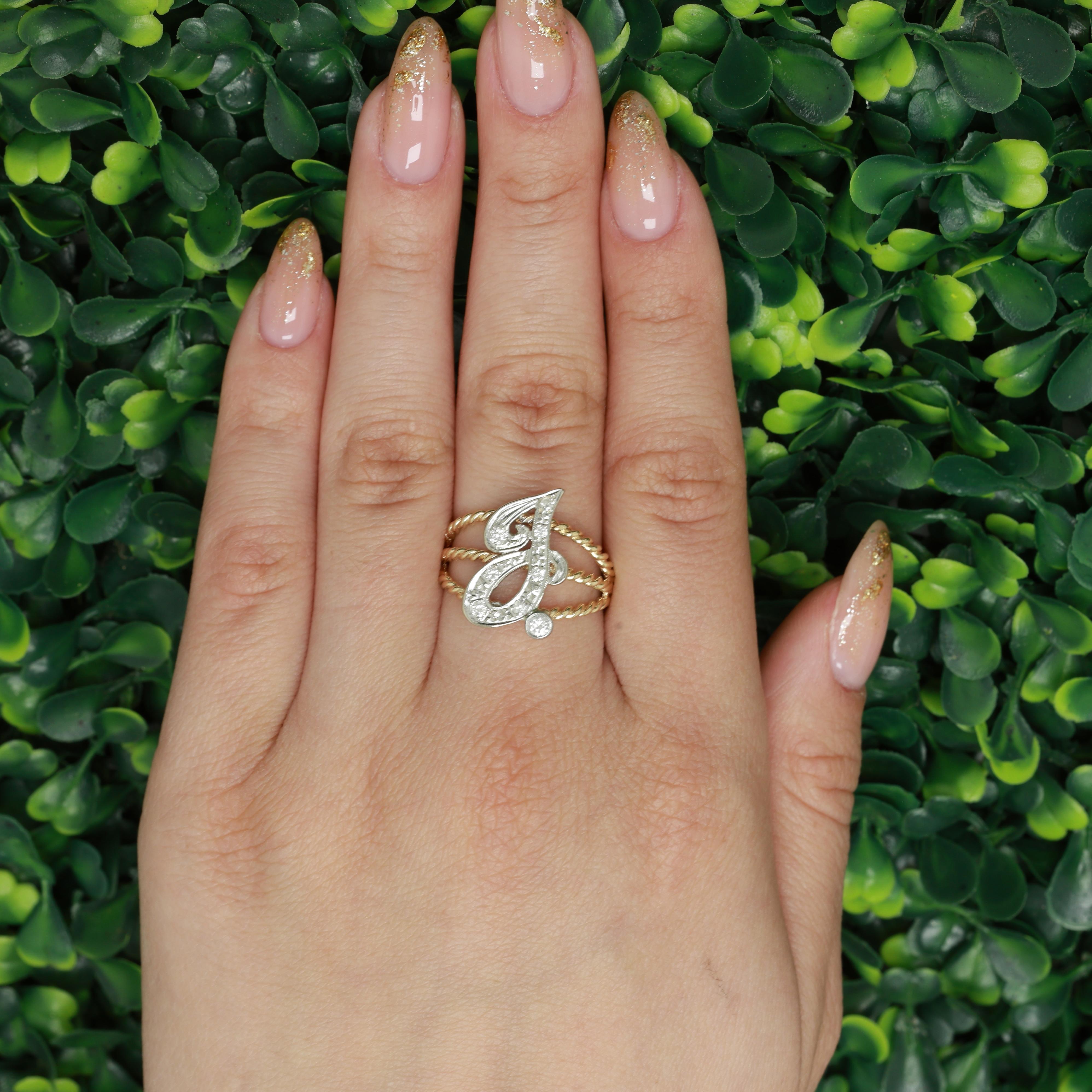 Fancy Letter J Diamond Statement Ring Two-Tone Gold 0.33 TW Size 10 Estate