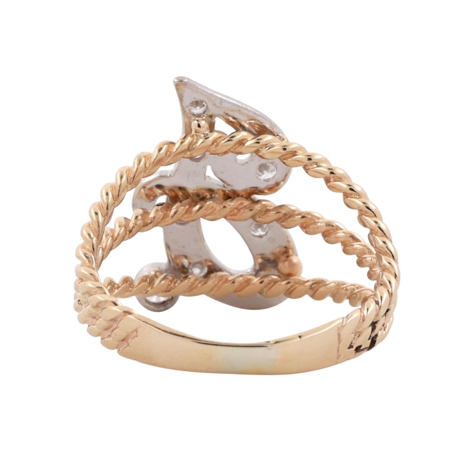 Fancy Letter J Diamond Statement Ring Two-Tone Gold 0.33 TW Size 10 Estate