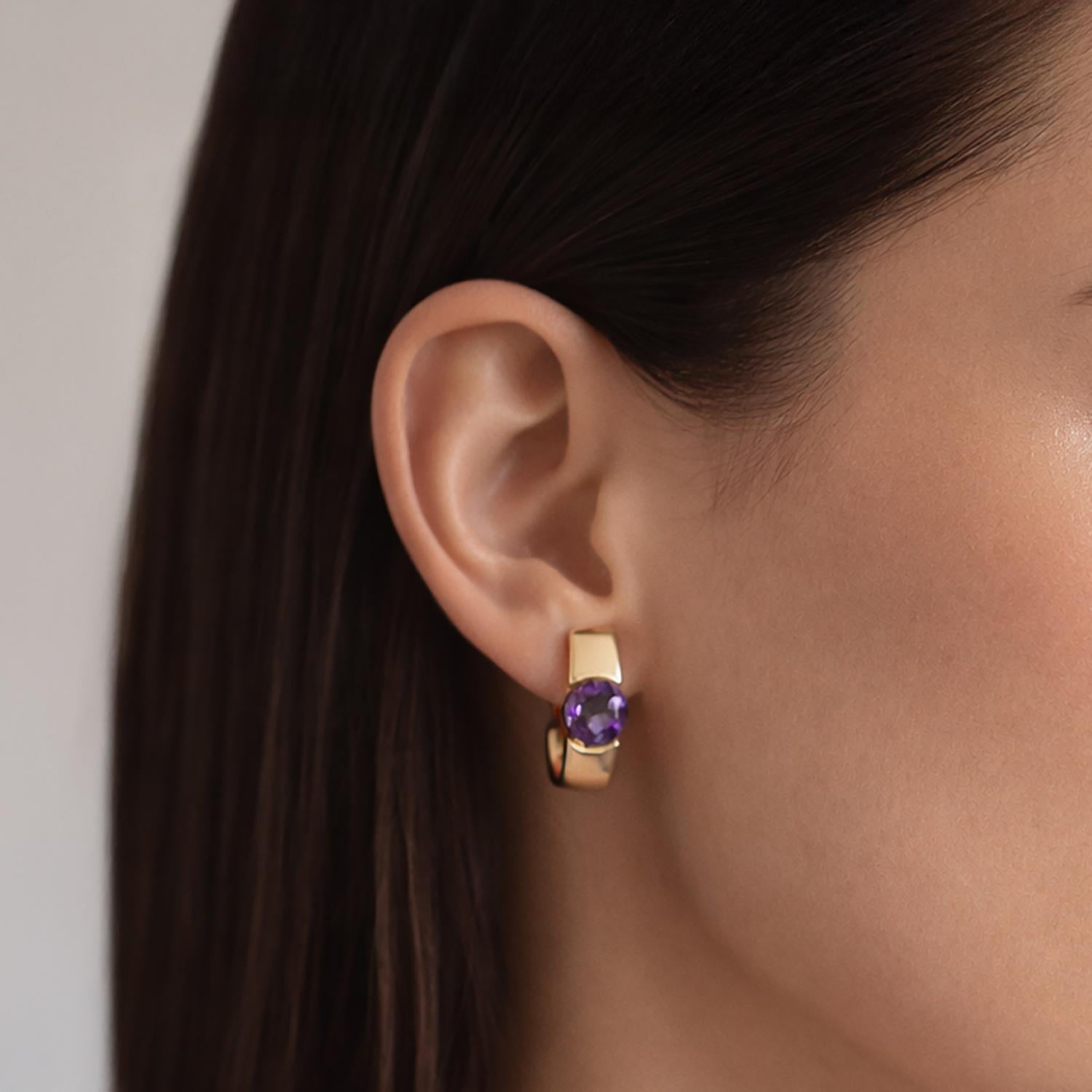 Amethyst Round Huggie Hoop Earrings 10K Yellow Gold 0.96 CTW Round Gems 0.43"