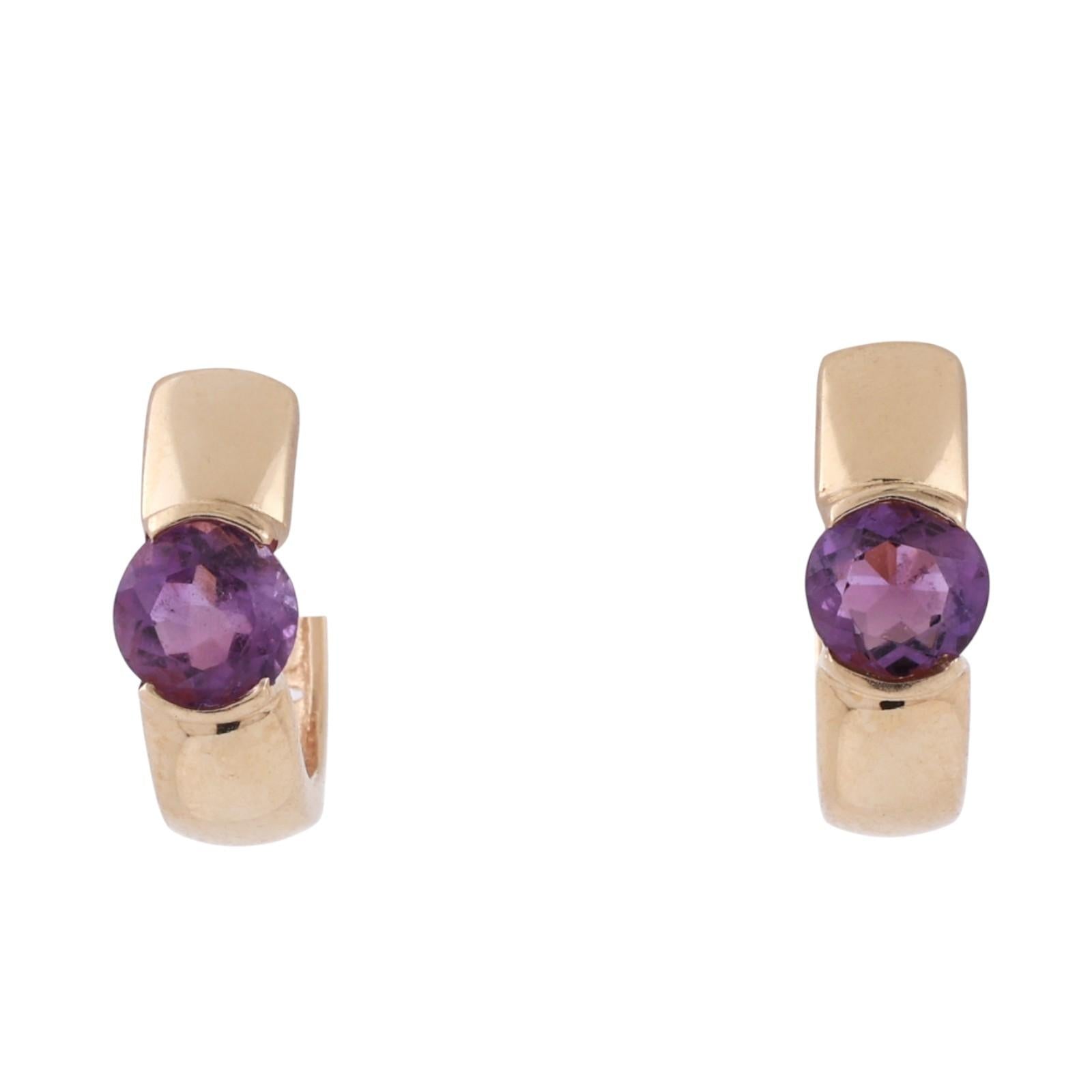 Amethyst Round Huggie Hoop Earrings 10K Yellow Gold 0.96 CTW Round Gems 0.43"