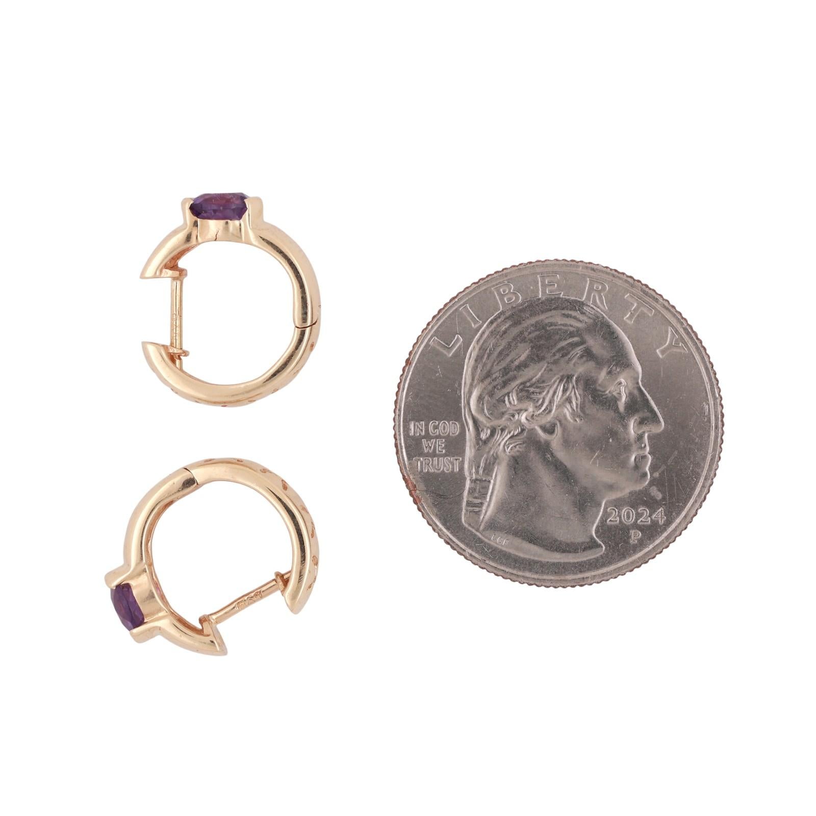 Amethyst Round Huggie Hoop Earrings 10K Yellow Gold 0.96 CTW Round Gems 0.43"