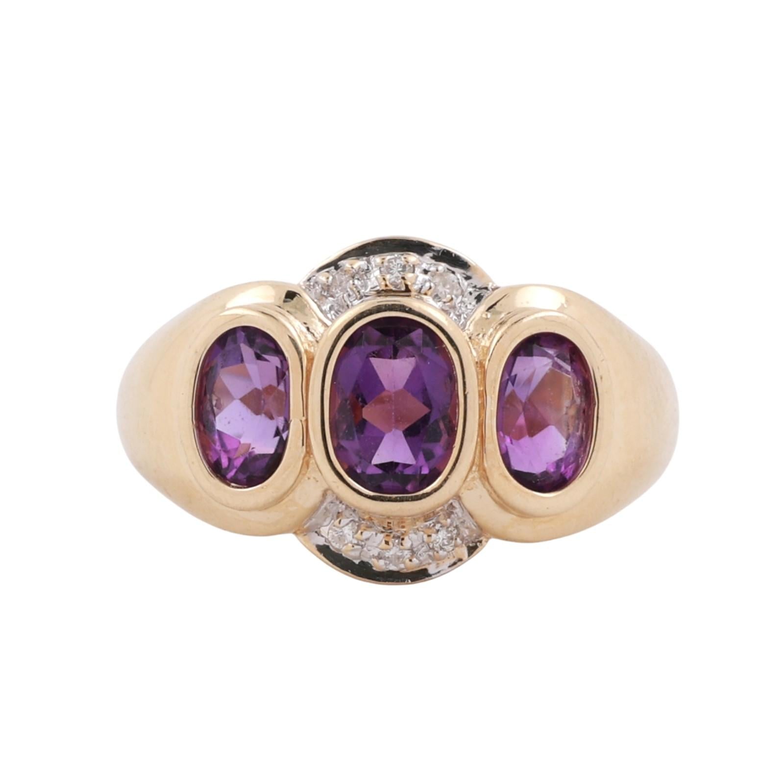 3-Stone Oval Amethyst Diamond Accent Ring 14K Gold 0.94 CTW Size 6 Estate