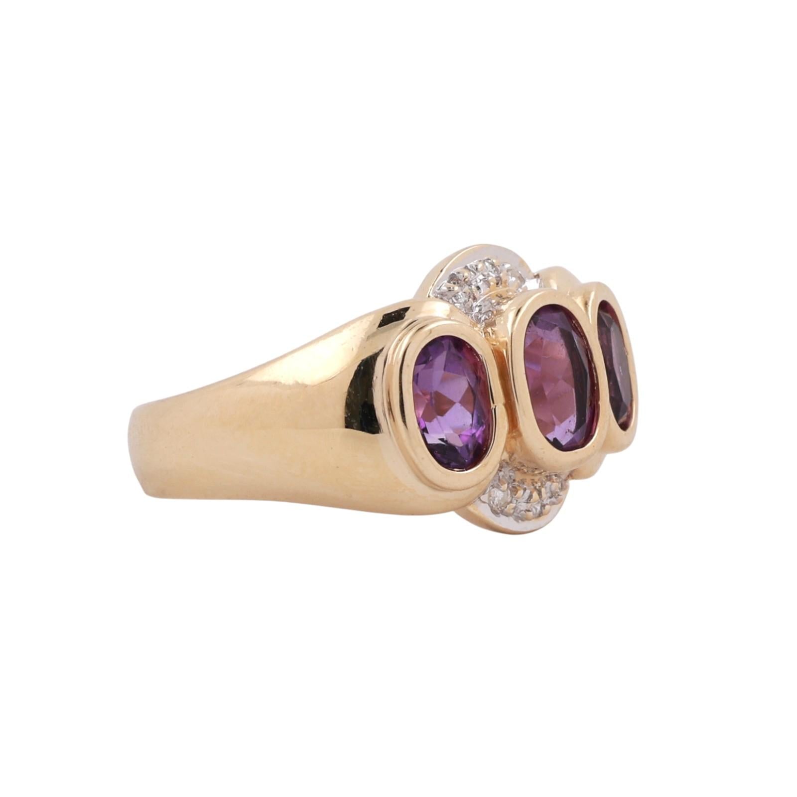 3-Stone Oval Amethyst Diamond Accent Ring 14K Gold 0.94 CTW Size 6 Estate