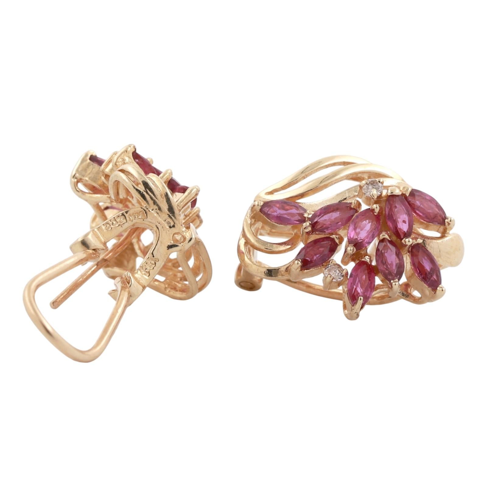 Floral Ruby Diamond Drop Earrings 14K Yellow Gold 0.58 CTW Omega Backs Vintage
