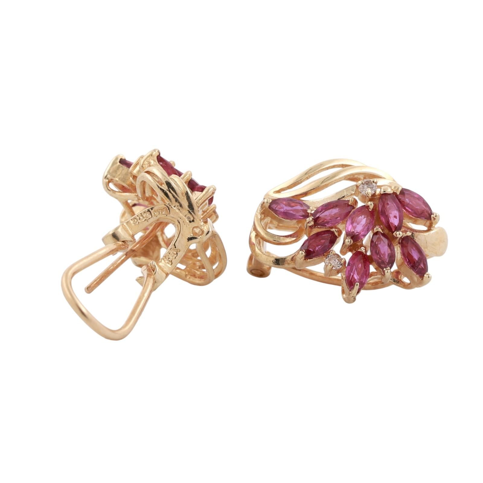 Floral Ruby Diamond Drop Earrings 14K Yellow Gold 0.58 CTW Omega Backs Vintage