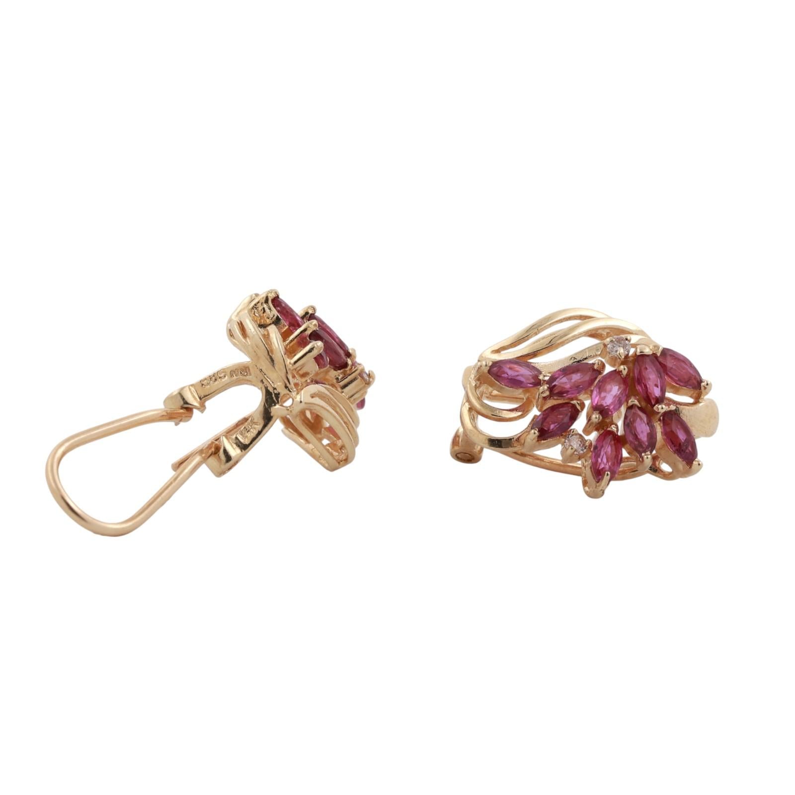 Floral Ruby Diamond Drop Earrings 14K Yellow Gold 0.58 CTW Omega Backs Vintage