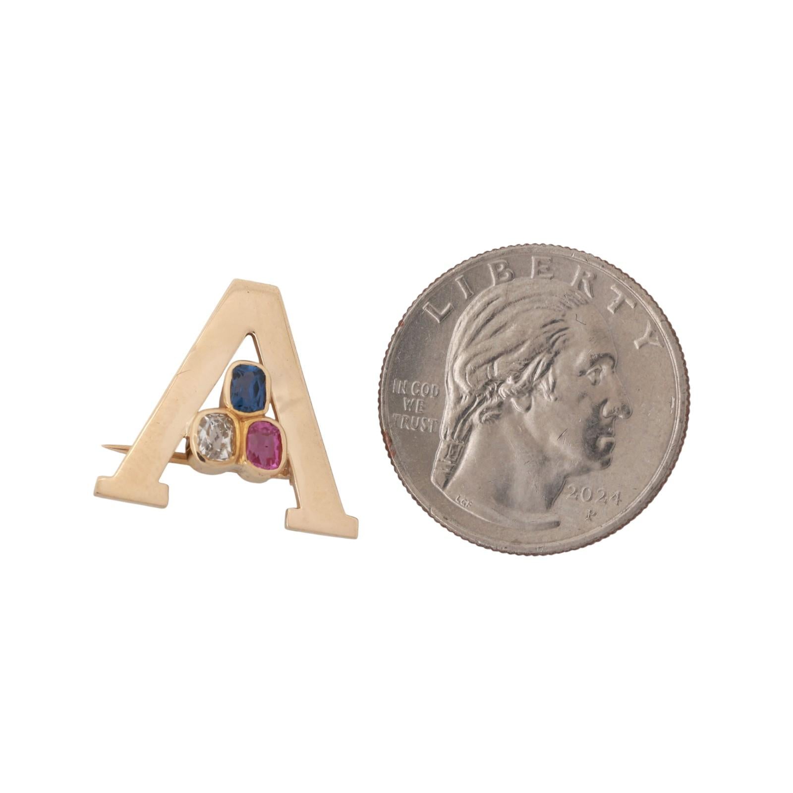 Letter A Diamond Gemstone Brooch 14K Yellow Gold 0.74 CTW 0.75" Estate