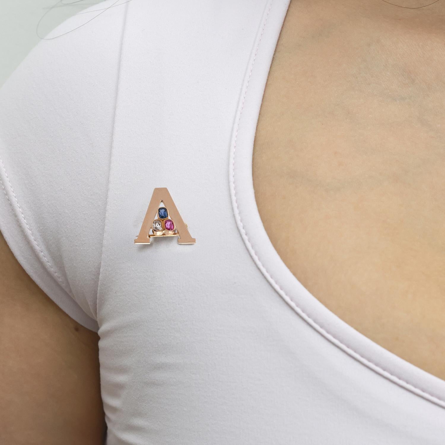 Letter A Diamond Gemstone Brooch 14K Yellow Gold 0.74 CTW 0.75" Estate