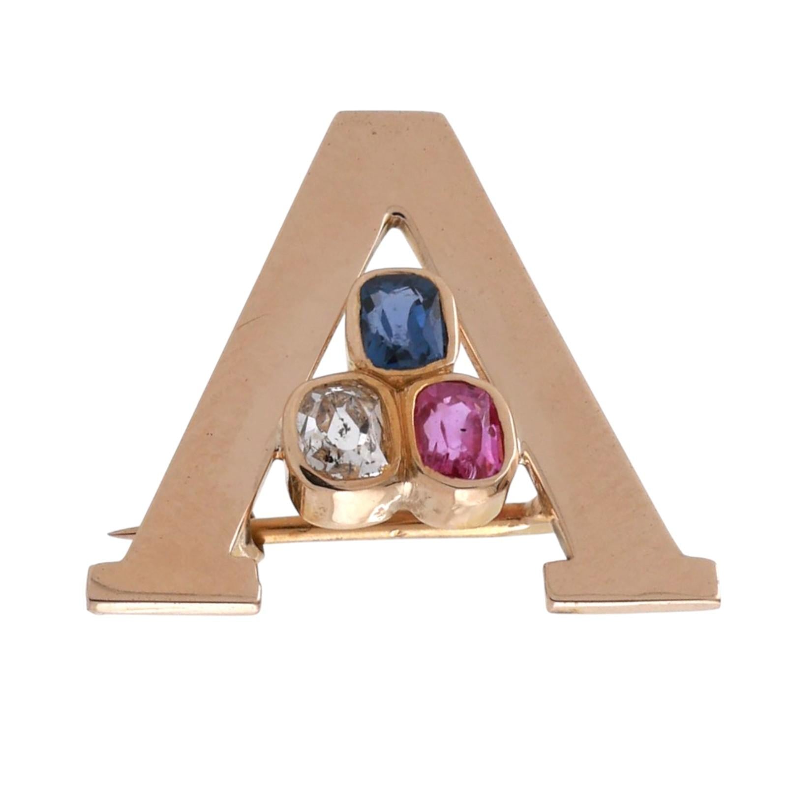 Letter A Diamond Gemstone Brooch 14K Yellow Gold 0.74 CTW 0.75" Estate