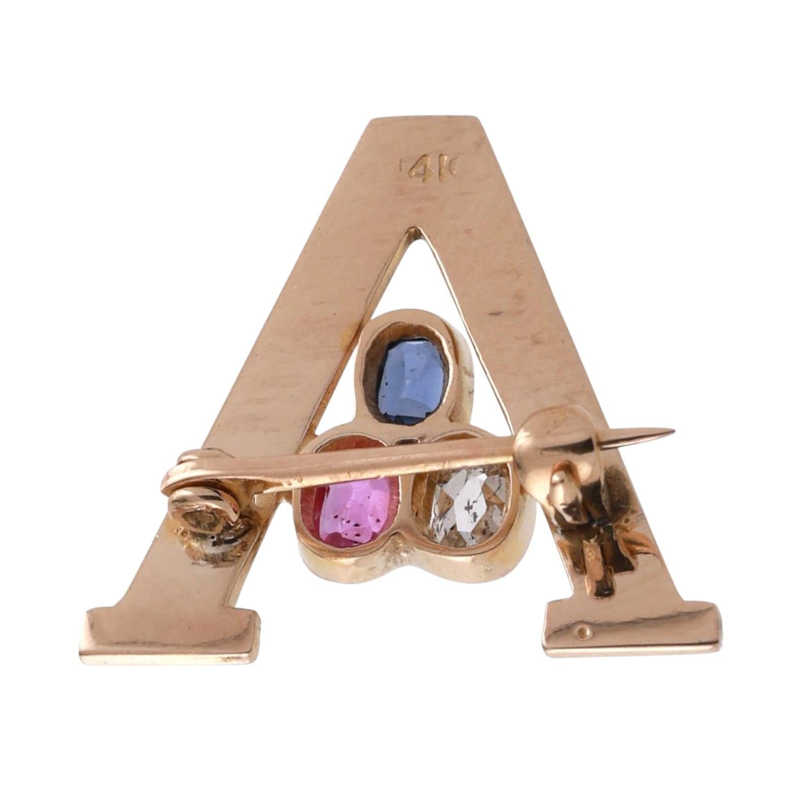 Letter A Diamond Gemstone Brooch 14K Yellow Gold 0.74 CTW 0.75" Estate