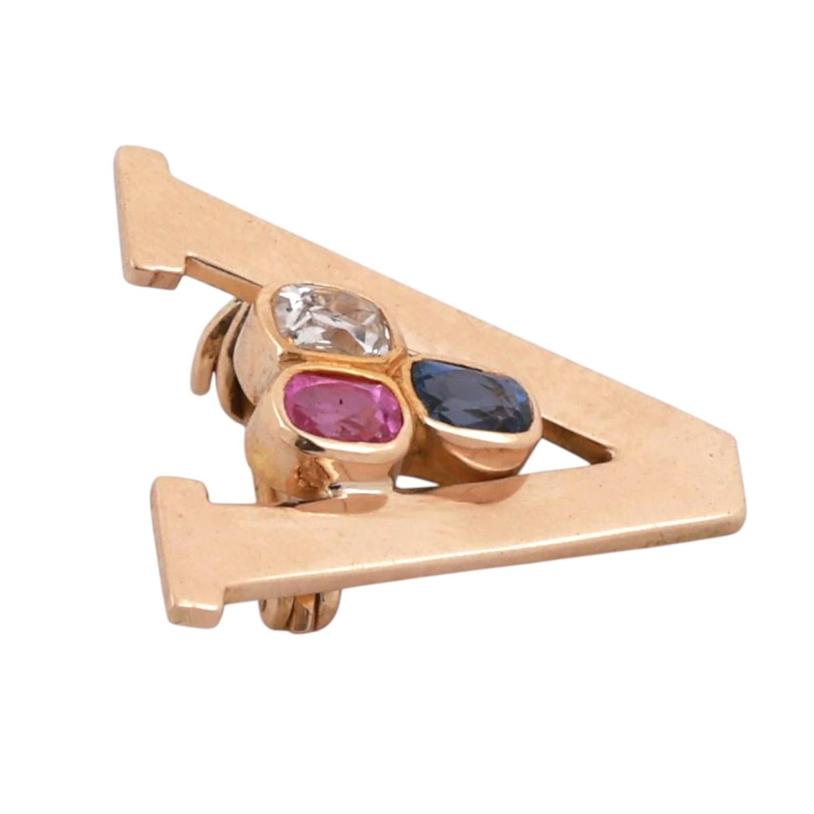 Letter A Diamond Gemstone Brooch 14K Yellow Gold 0.74 CTW 0.75" Estate