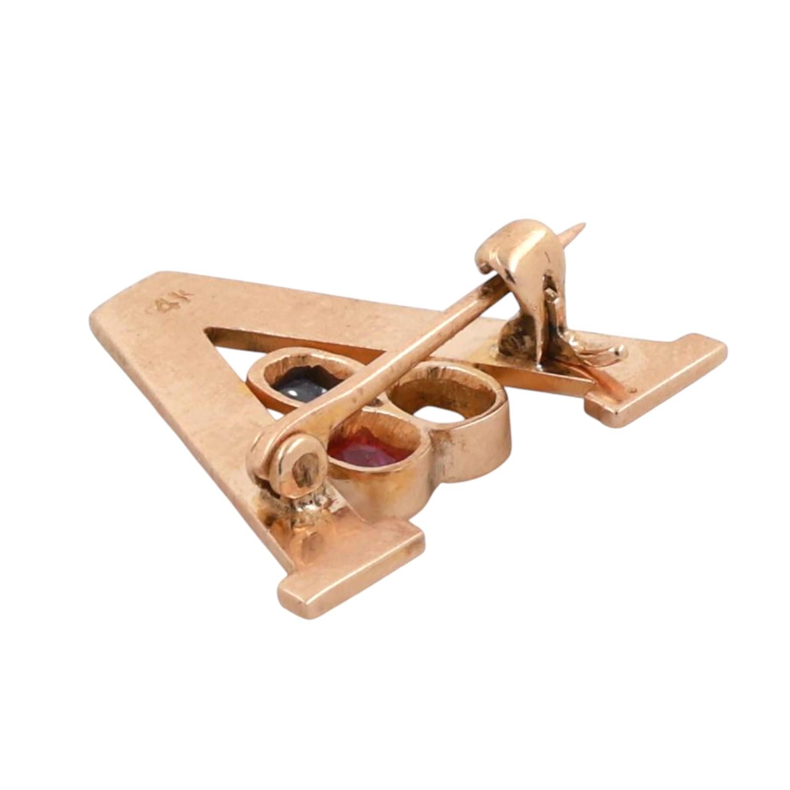 Letter A Diamond Gemstone Brooch 14K Yellow Gold 0.74 CTW 0.75" Estate