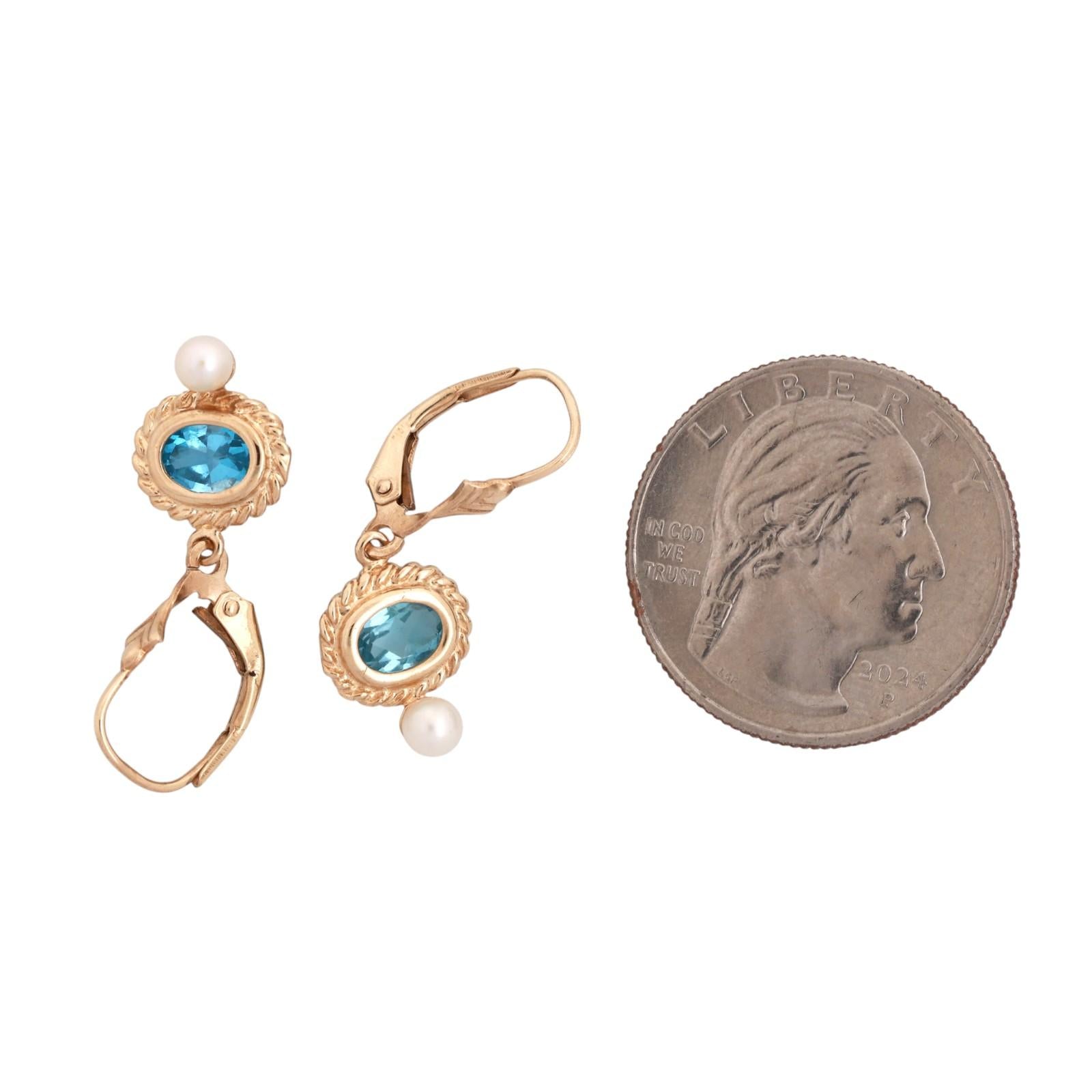 Blue Topaz Drop Earrings 10K Yellow Gold Freshwater Pearl Accents 1.05" Ladies